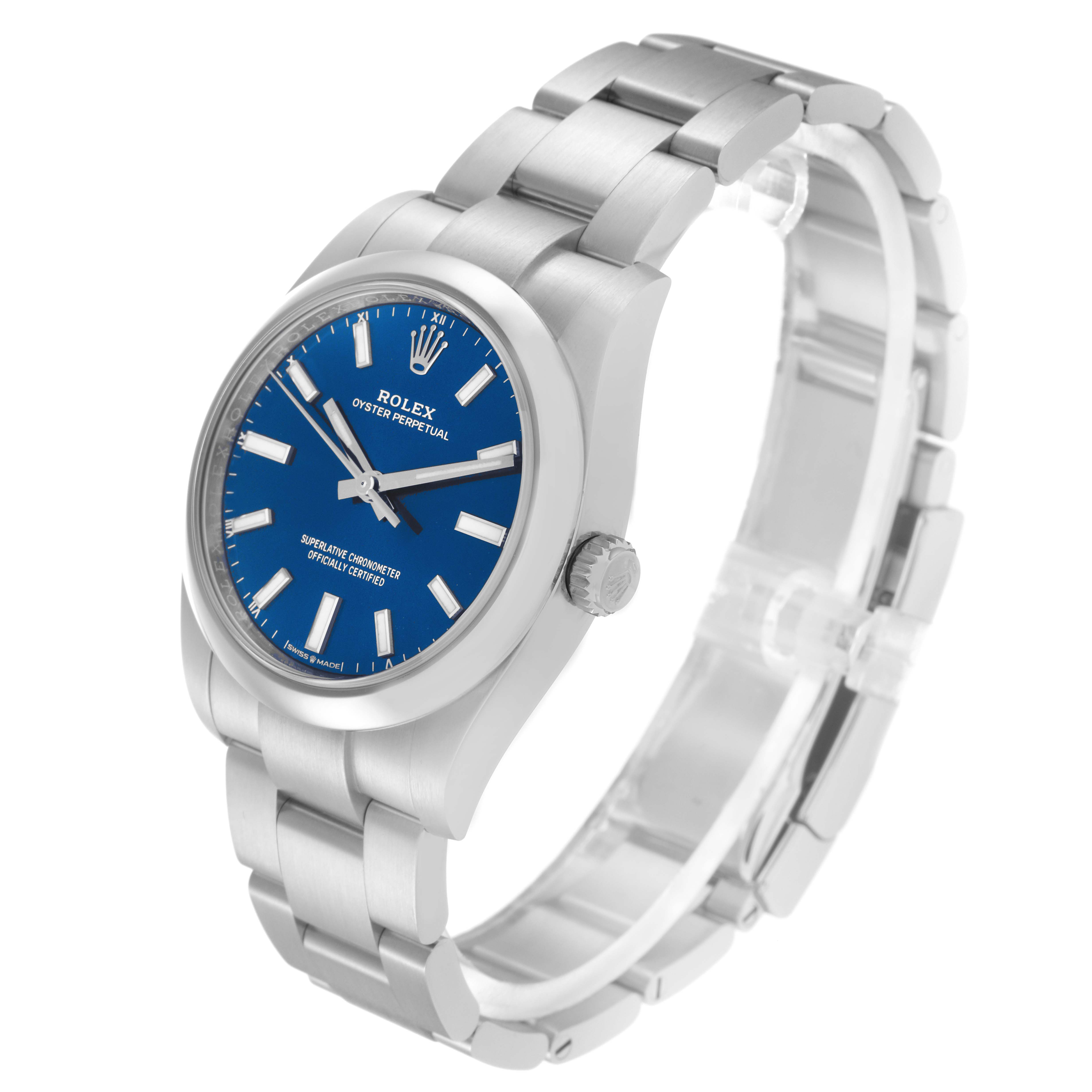 The Rolex Oyster Perpetual 124200 Men
s Stainless Steel Blue Dial 124200 Men
s Stainless Steel Blue Dial watch is shown at a three-quarter angle, displaying the bracelet, crown, and blue dial with indices.