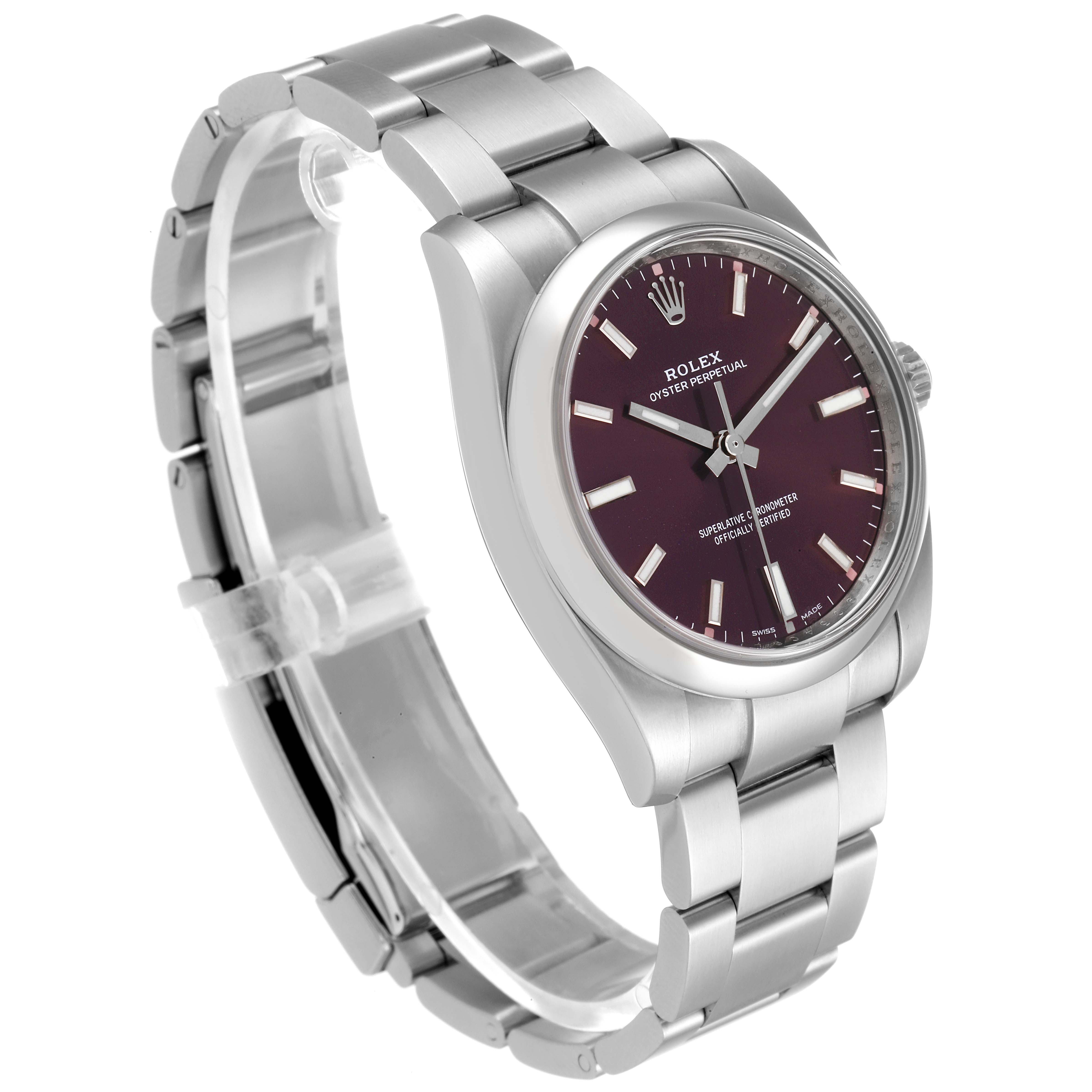 The image shows a side angle of a Rolex Oyster Perpetual 114200 Men's Stainless Steel Burgundy Dial 114200 Men's Stainless Steel Burgundy Dial watch, displaying its face, band, and crown.