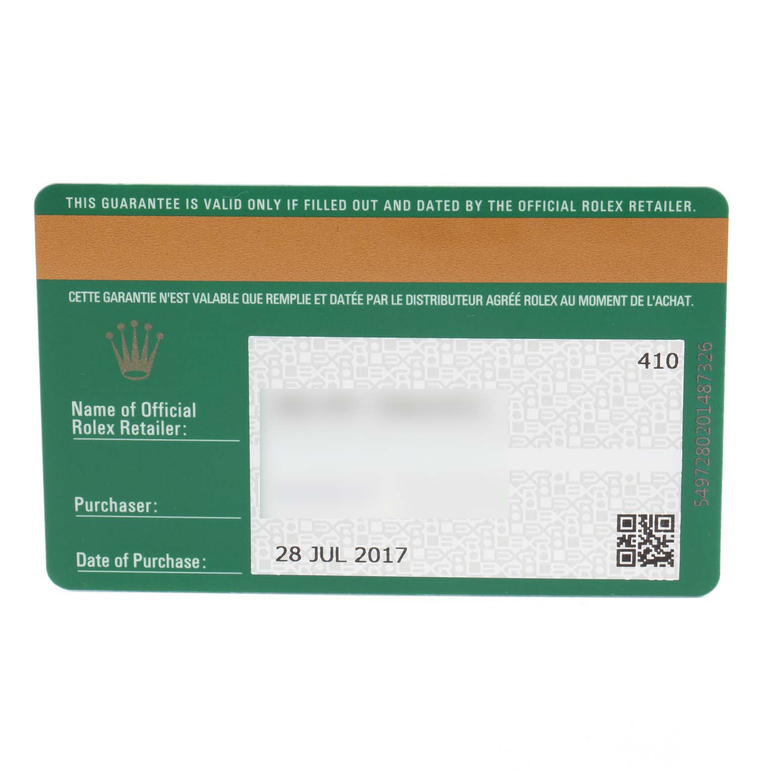 This is a warranty card for a Rolex Oyster Perpetual 114200 Men's Stainless Steel Burgundy Dial 114200 Men's Stainless Steel Burgundy Dial watch, showing the retailer and purchase date information.