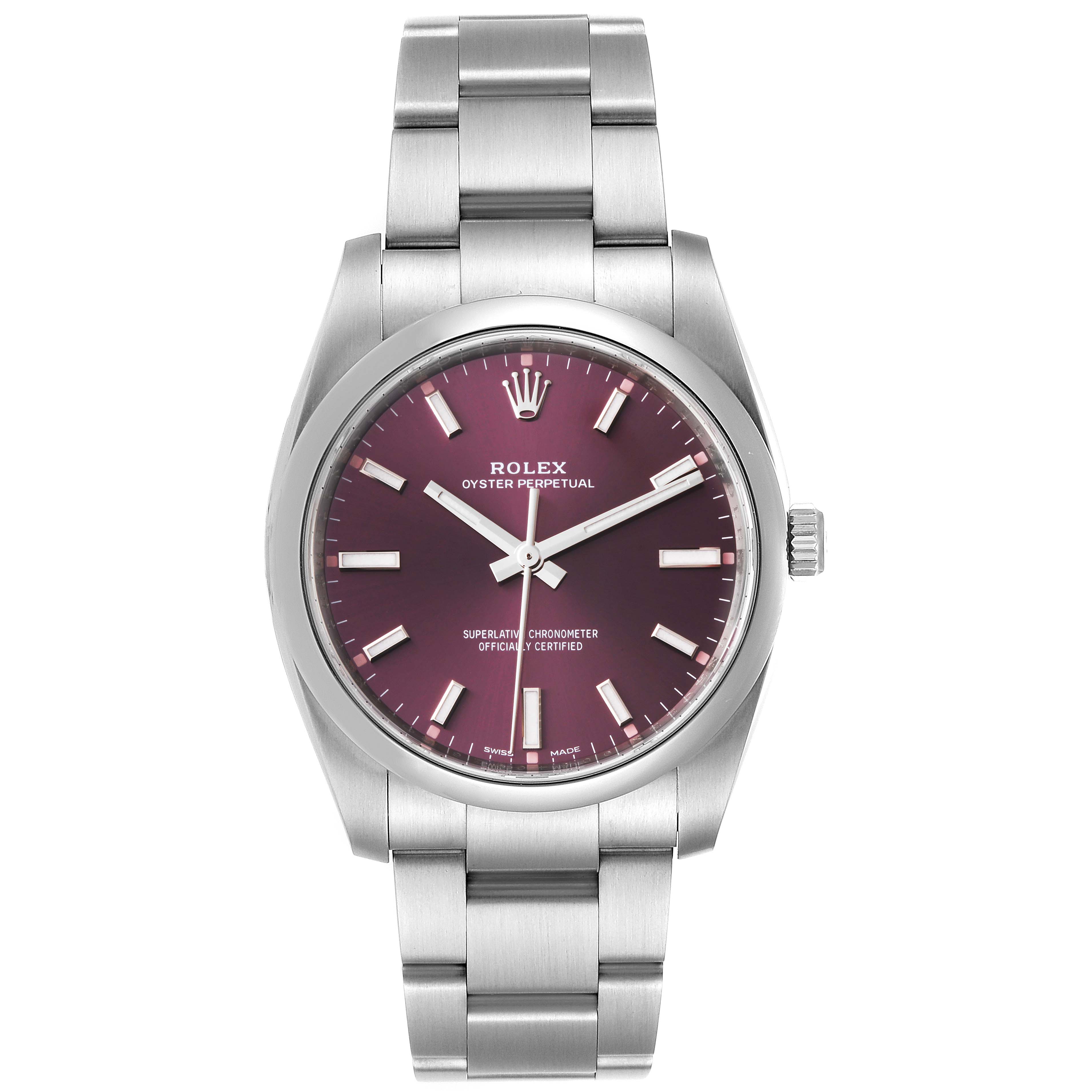 This image shows a front view of a Rolex Oyster Perpetual 114200 Men's Stainless Steel Burgundy Dial 114200 Men's Stainless Steel Burgundy Dial watch, highlighting its face, bezel, and bracelet.