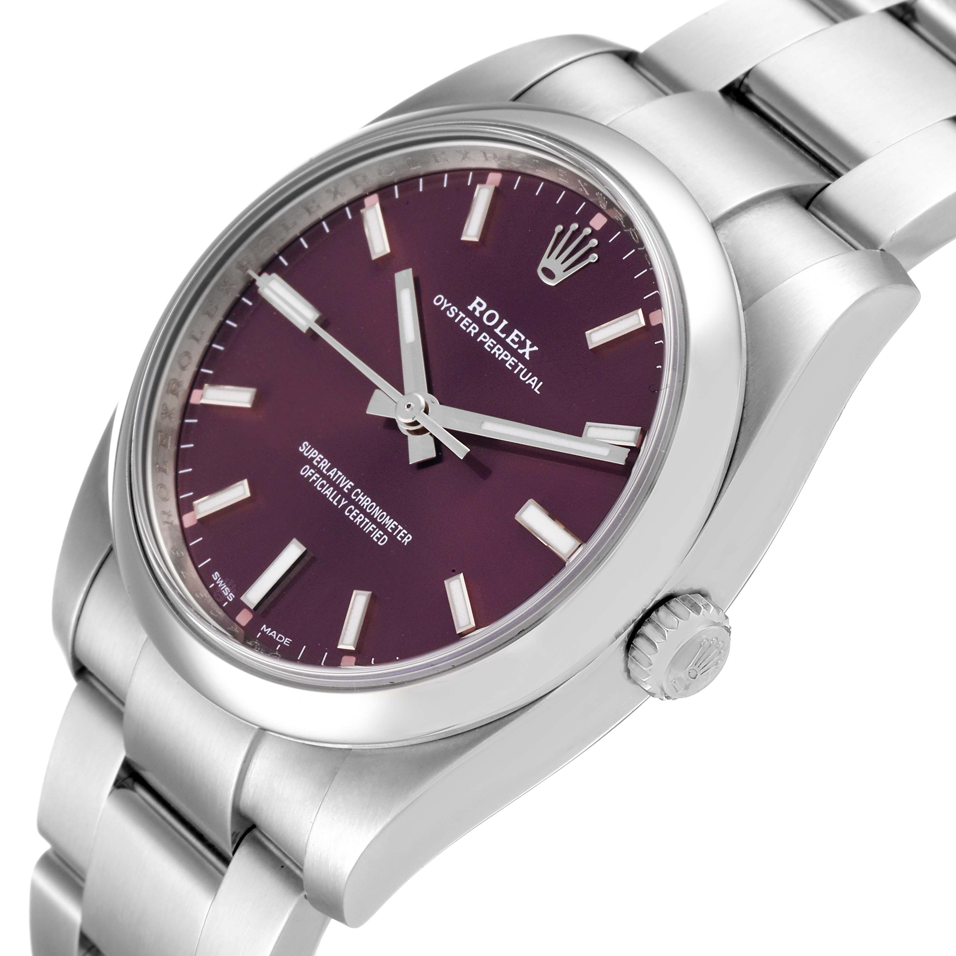 This image shows a side-angle view of the Rolex Oyster Perpetual 114200 Men's Stainless Steel Burgundy Dial 114200 Men's Stainless Steel Burgundy Dial watch, highlighting the dial, bezel, crown, and part of the bracelet.