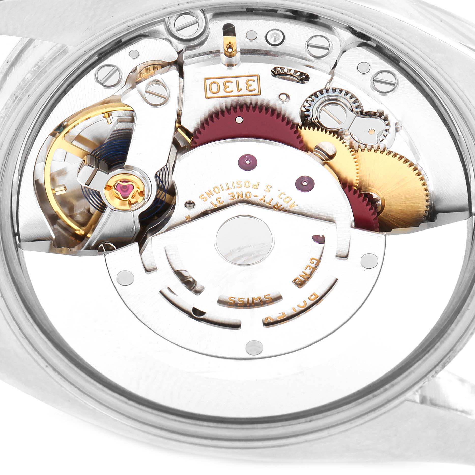 This image shows the intricate inner mechanical parts of a Rolex Oyster Perpetual 114200 Men's Stainless Steel Burgundy Dial 114200 Men's Stainless Steel Burgundy Dial watch from a back angle with the case removed.