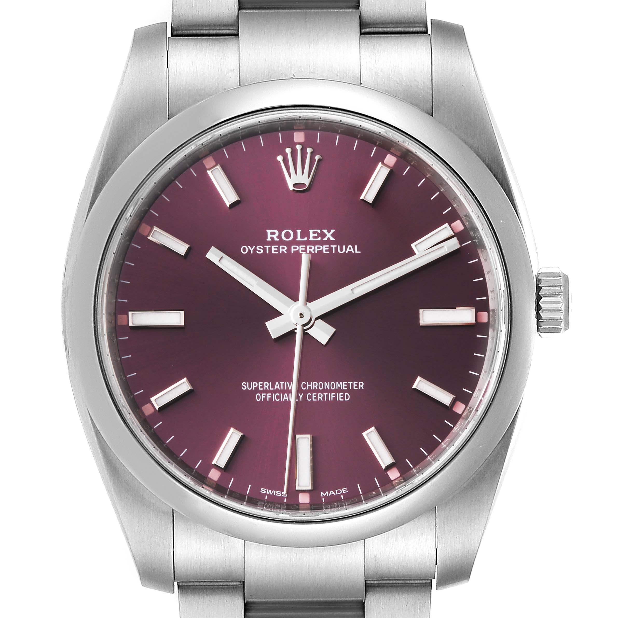 This is a front view of a Rolex Oyster Perpetual 114200 Men's Stainless Steel Burgundy Dial 114200 Men's Stainless Steel Burgundy Dial watch, showing the dial, hour markers, hands, and crown.