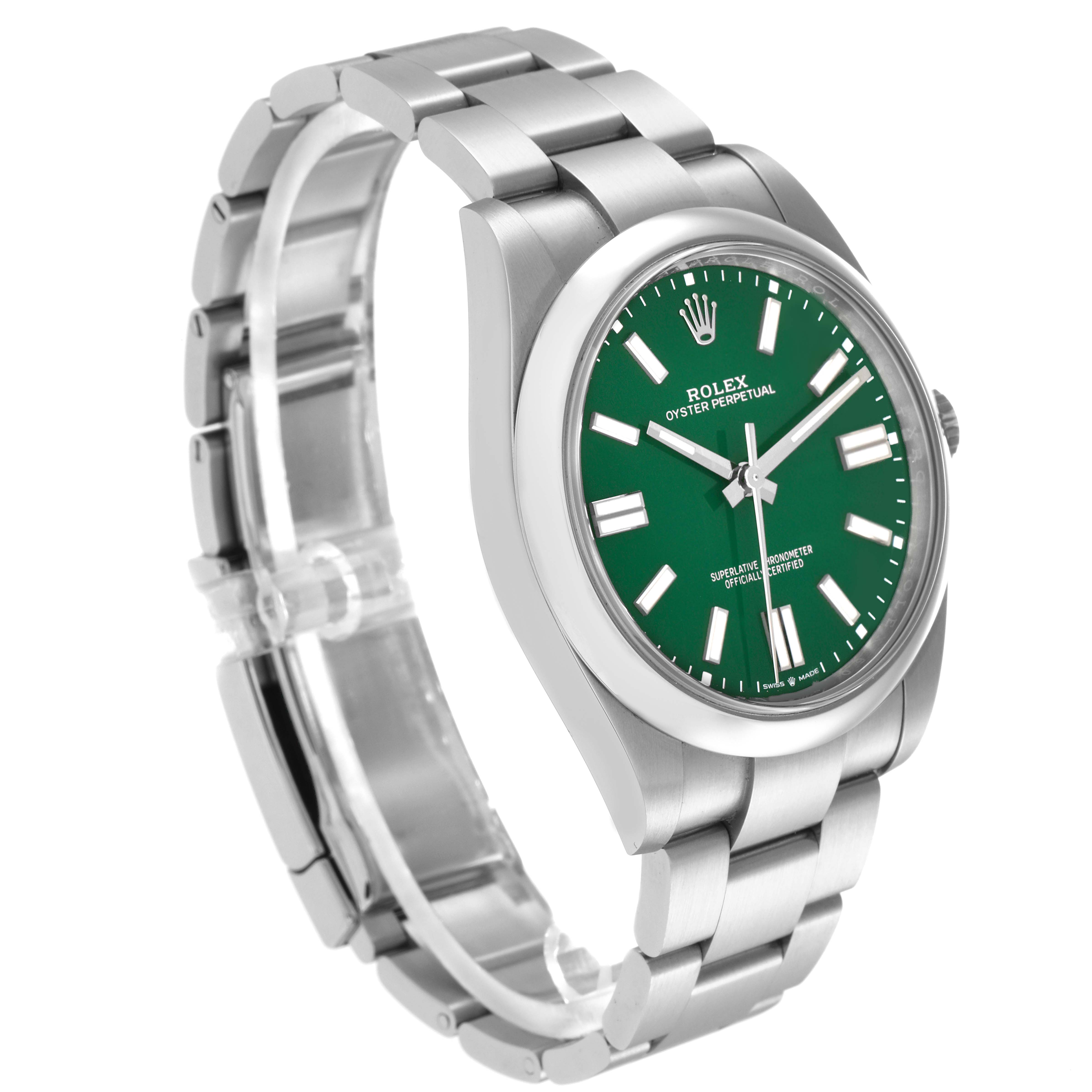 The Rolex Oyster Perpetual 124300 Men
s Stainless Steel Green Dial 124300 Men
s Stainless Steel Green Dial watch is shown at a three-quarter angle displaying the case, bezel, face, and bracelet.
