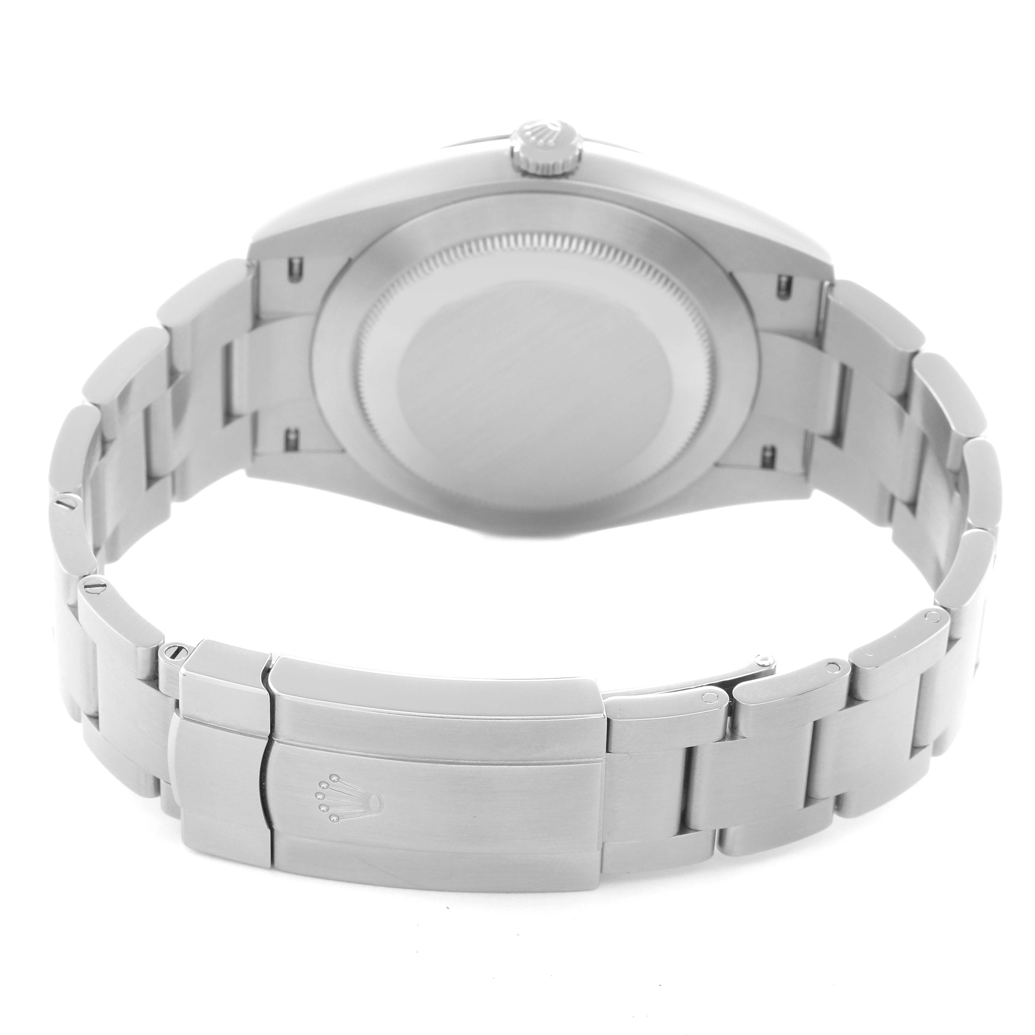 The Rolex Oyster Perpetual 124300 Men
s Stainless Steel Green Dial 124300 Men
s Stainless Steel Green Dial watch is shown from the back, highlighting the case back, crown, and bracelet clasp.