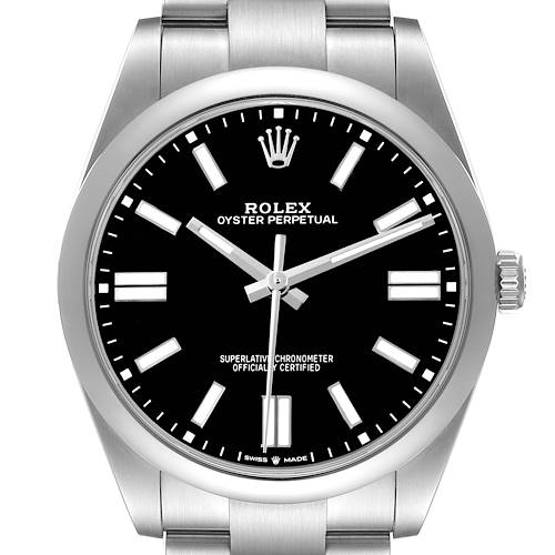 The image shows a front view of a Rolex Oyster Perpetual M124300-0002 Men's Stainless Steel Black Dial watch, displaying the dial, bezel, and part of the bracelet.