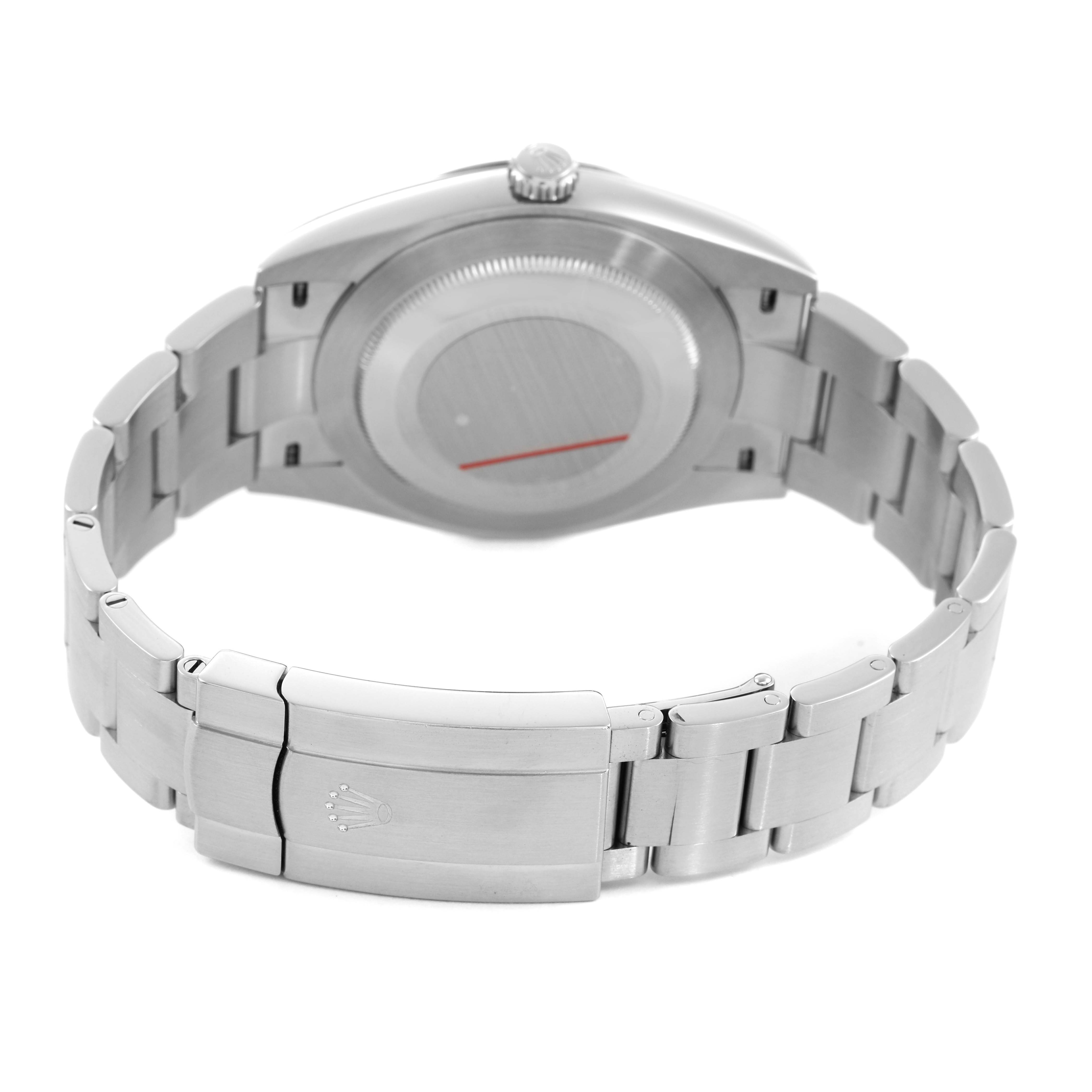 The image shows the back view of a Rolex Oyster Perpetual M124300-0002 Men's Stainless Steel Black Dial watch, highlighting the bracelet and clasp.