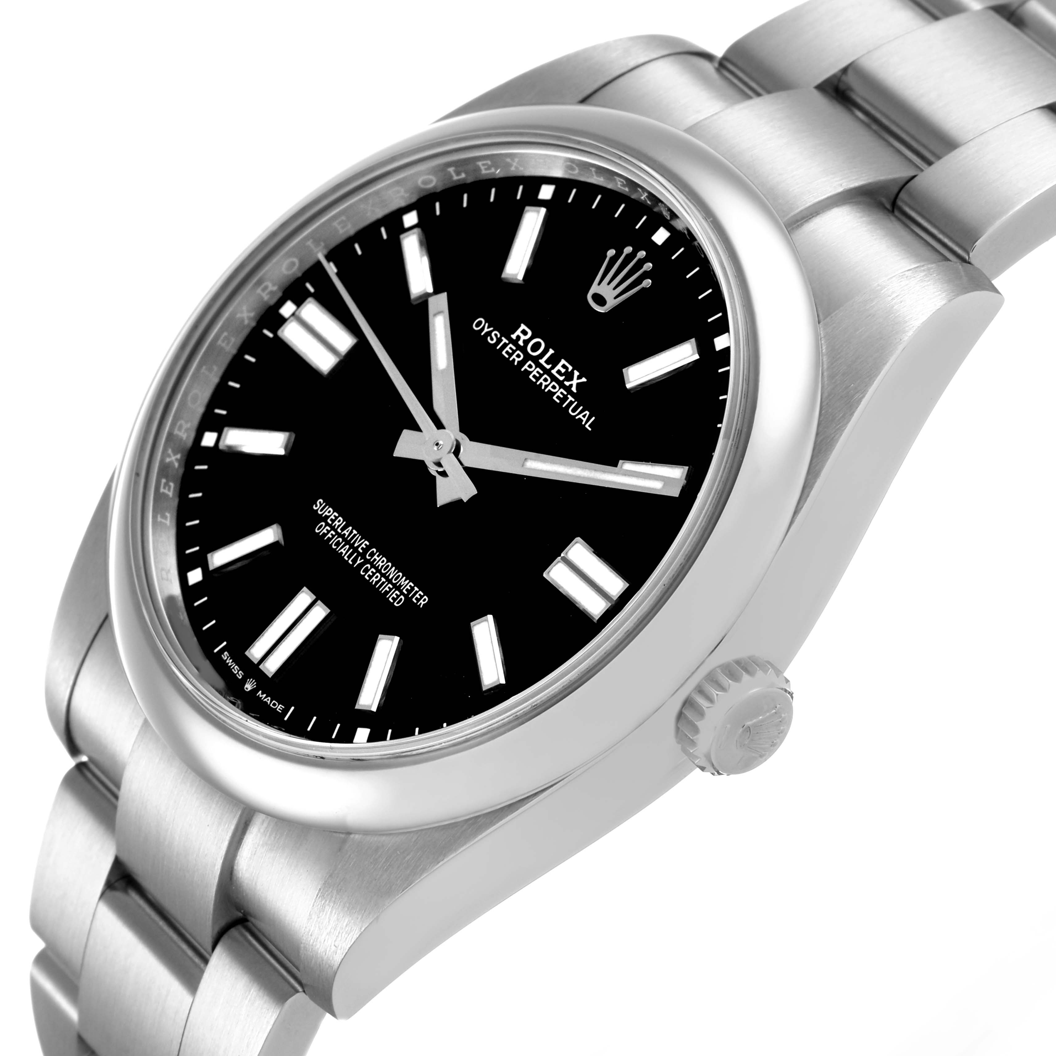 The Rolex Oyster Perpetual M124300-0002 Men's Stainless Steel Black Dial watch is shown at an angle highlighting the face, bezel, crown, and a portion of the bracelet.