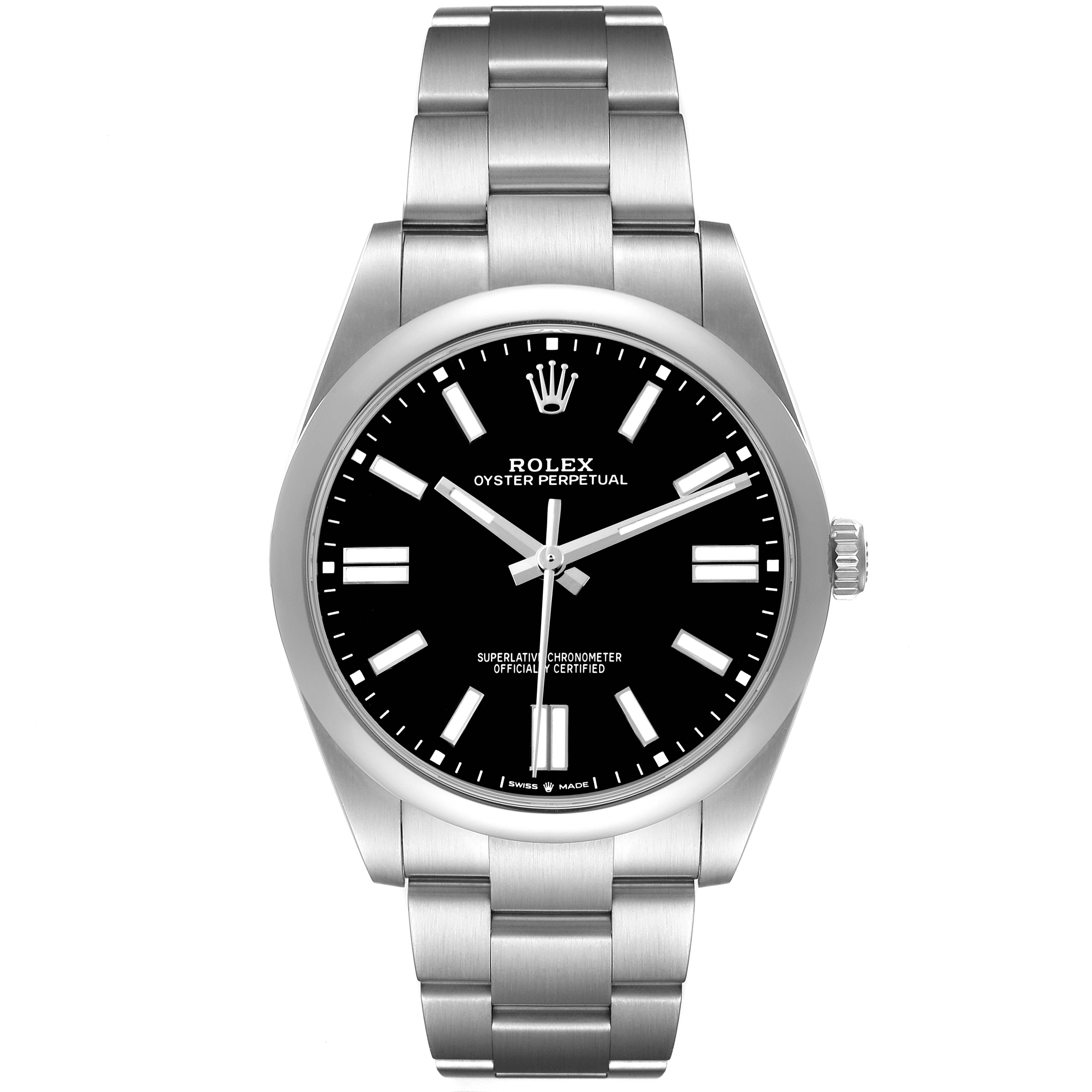 The Rolex Oyster Perpetual M124300-0002 Men's Stainless Steel Black Dial watch is shown from a front angle, displaying its black dial, hour markers, hands, and bracelet.
