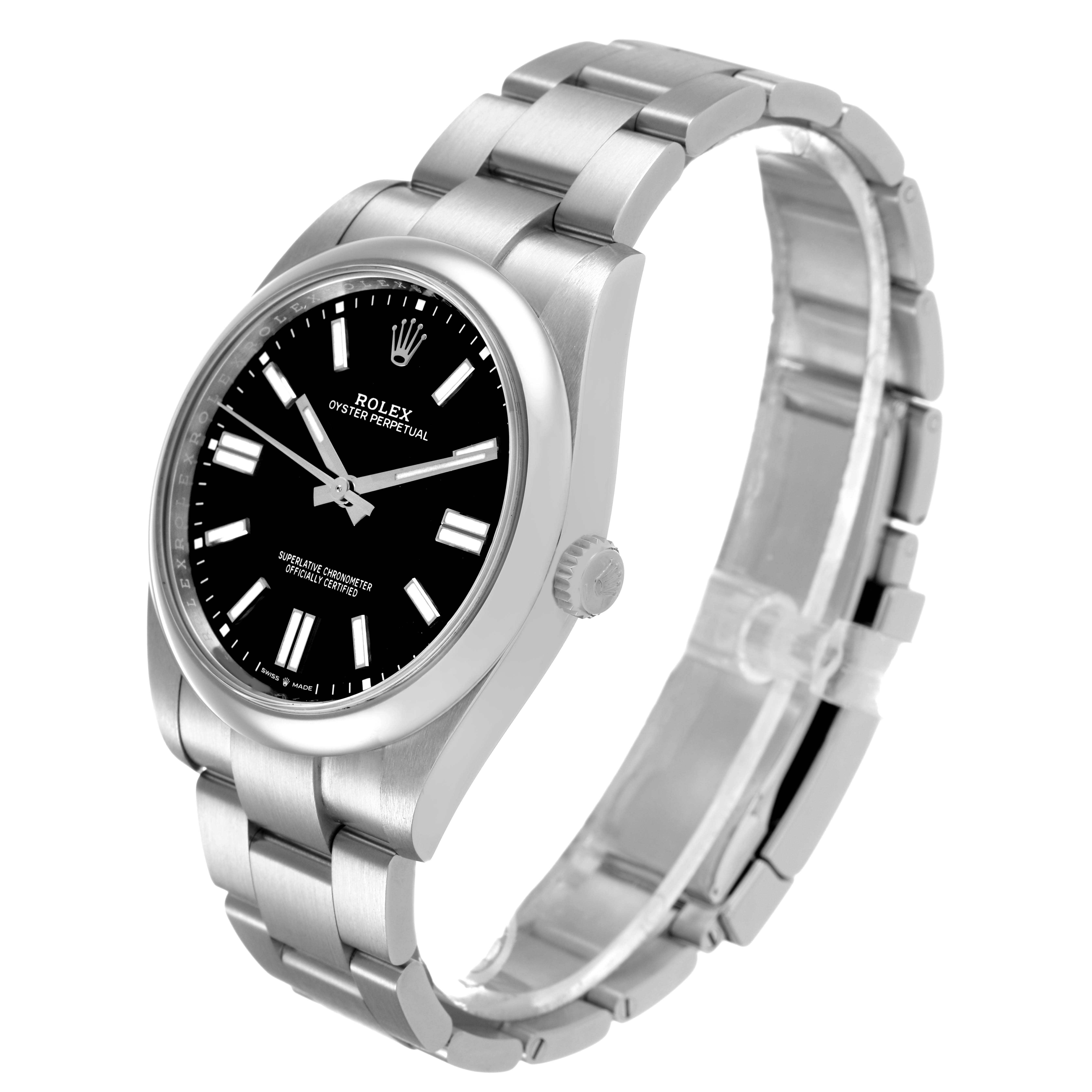 The Rolex Oyster Perpetual M124300-0002 Men's Stainless Steel Black Dial watch is shown at a three-quarter angle, highlighting the face, bezel, case, and bracelet.