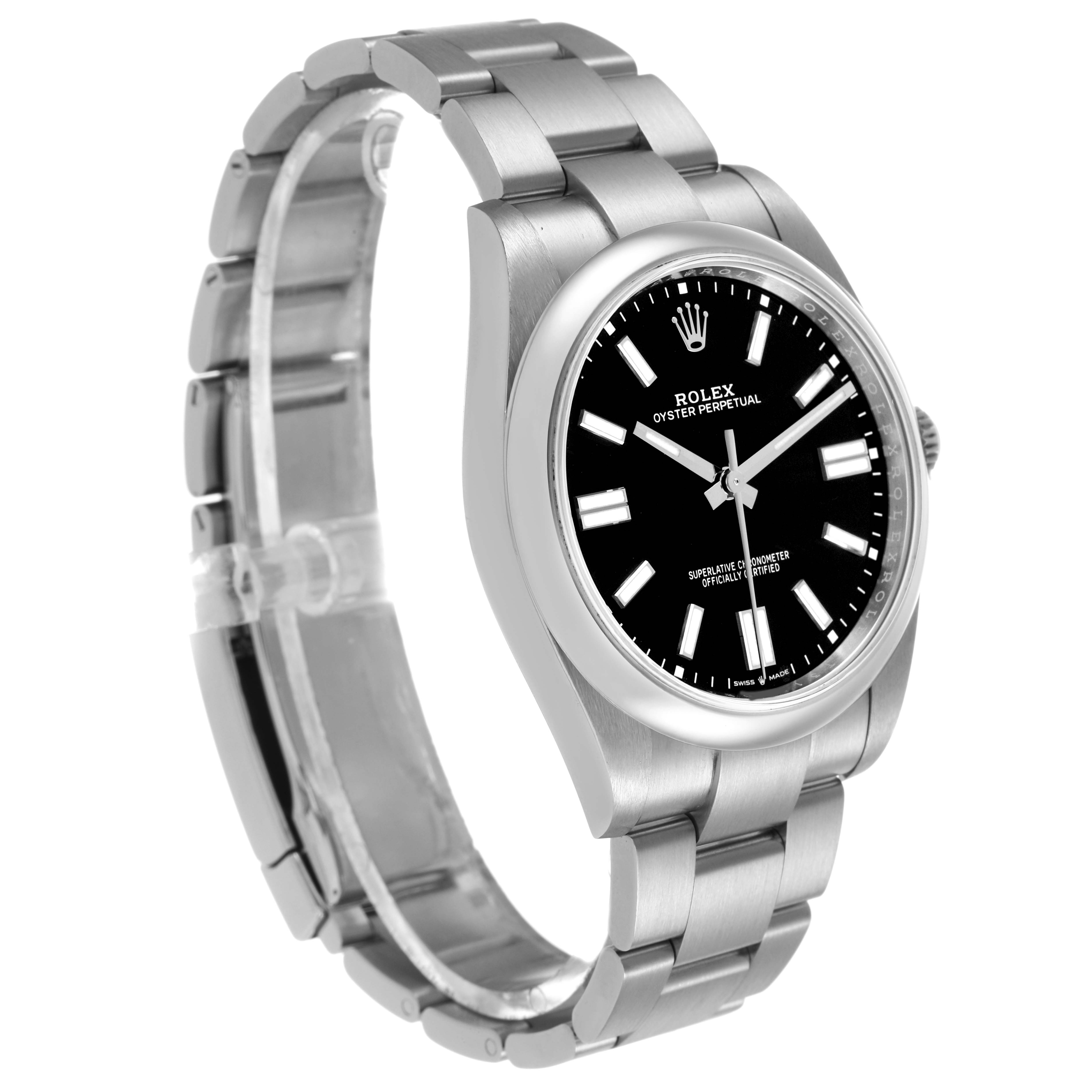 The Rolex Oyster Perpetual M124300-0002 Men's Stainless Steel Black Dial watch is shown at a three-quarter angle, highlighting its face, bezel, and part of the band.