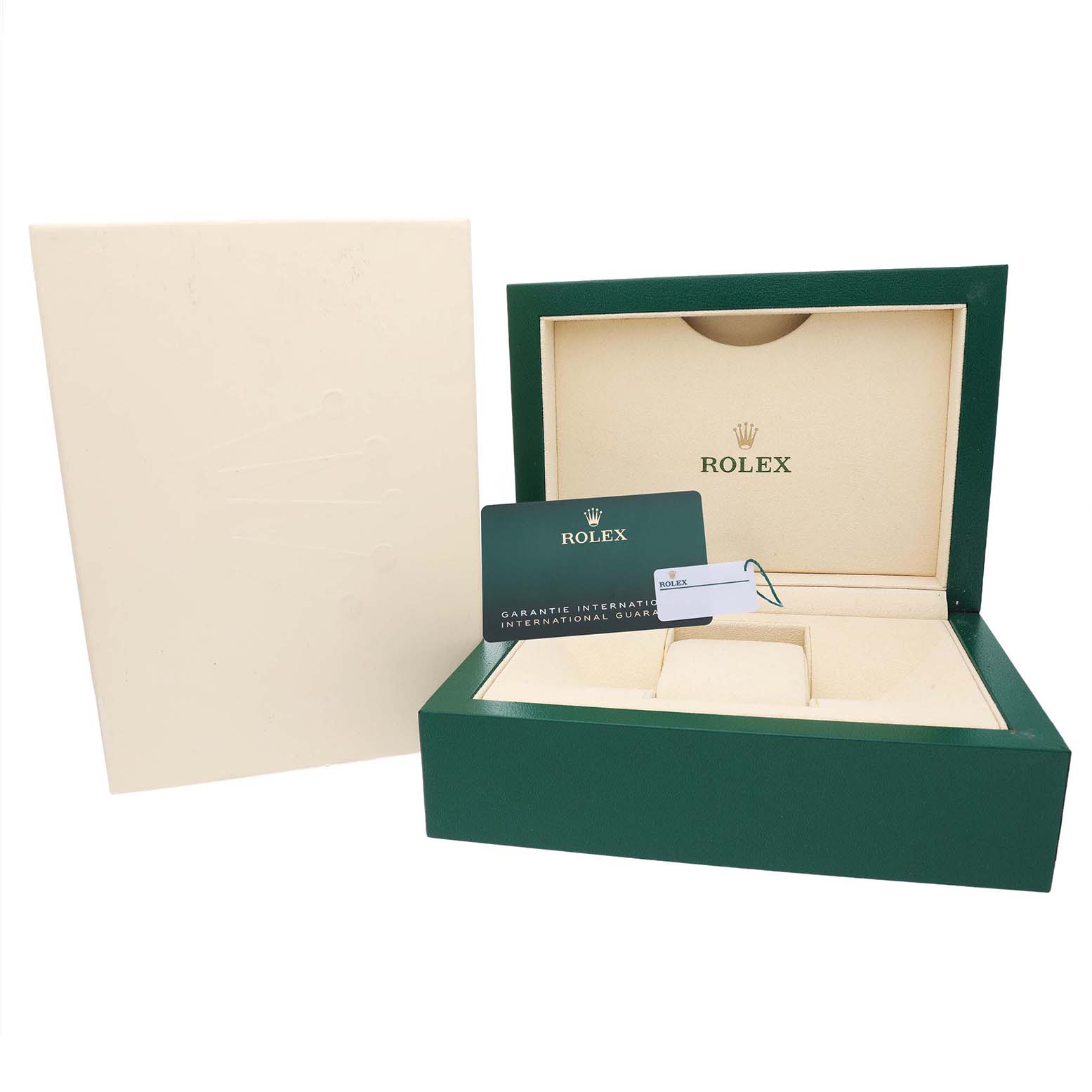 The image shows the packaging and warranty card for a Rolex Oyster Perpetual 124300 Men's Stainless Steel Blue Dial watch.