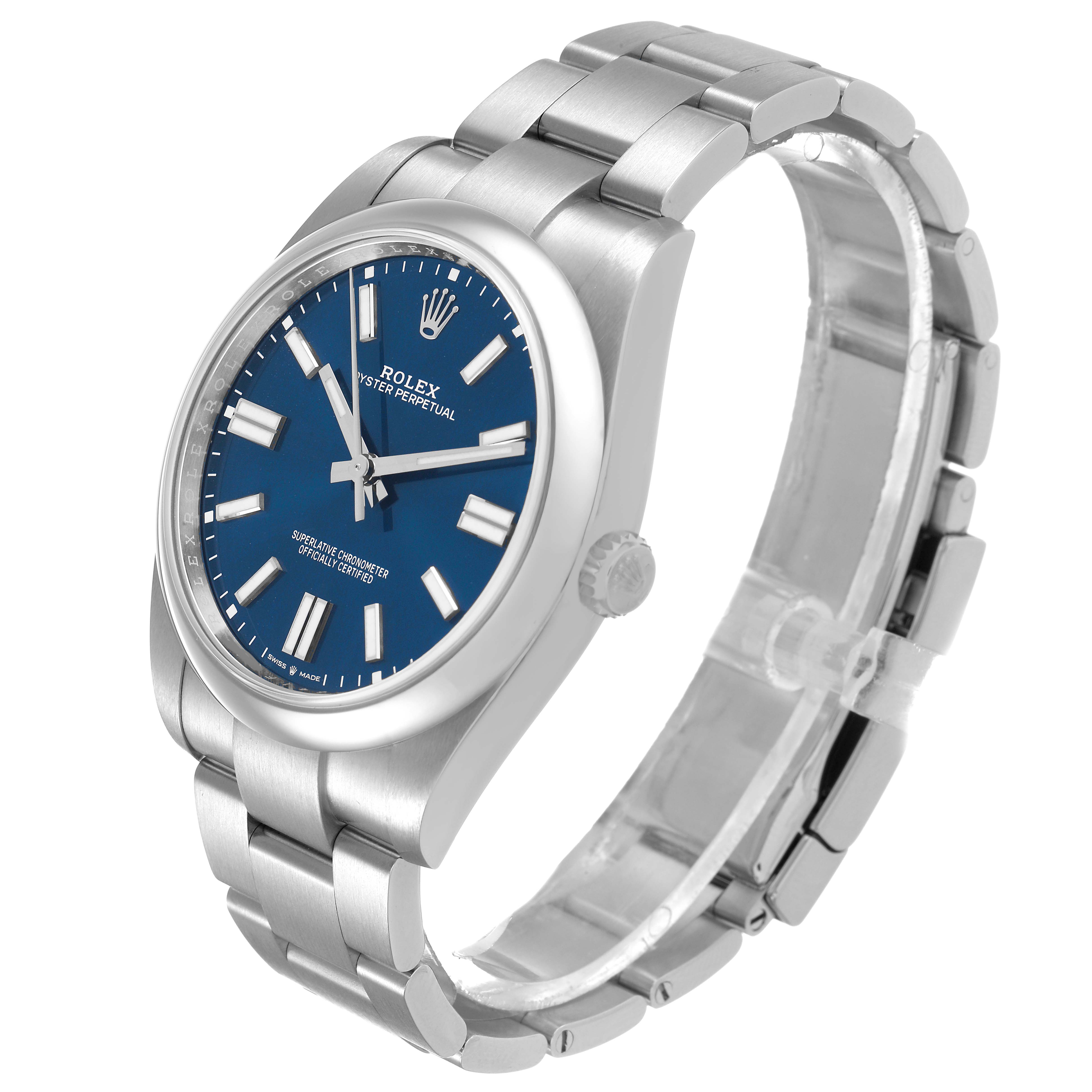 The Rolex Oyster Perpetual 124300 Men's Stainless Steel Blue Dial watch is shown at a three-quarter angle, highlighting the blue dial, bezel, and bracelet.