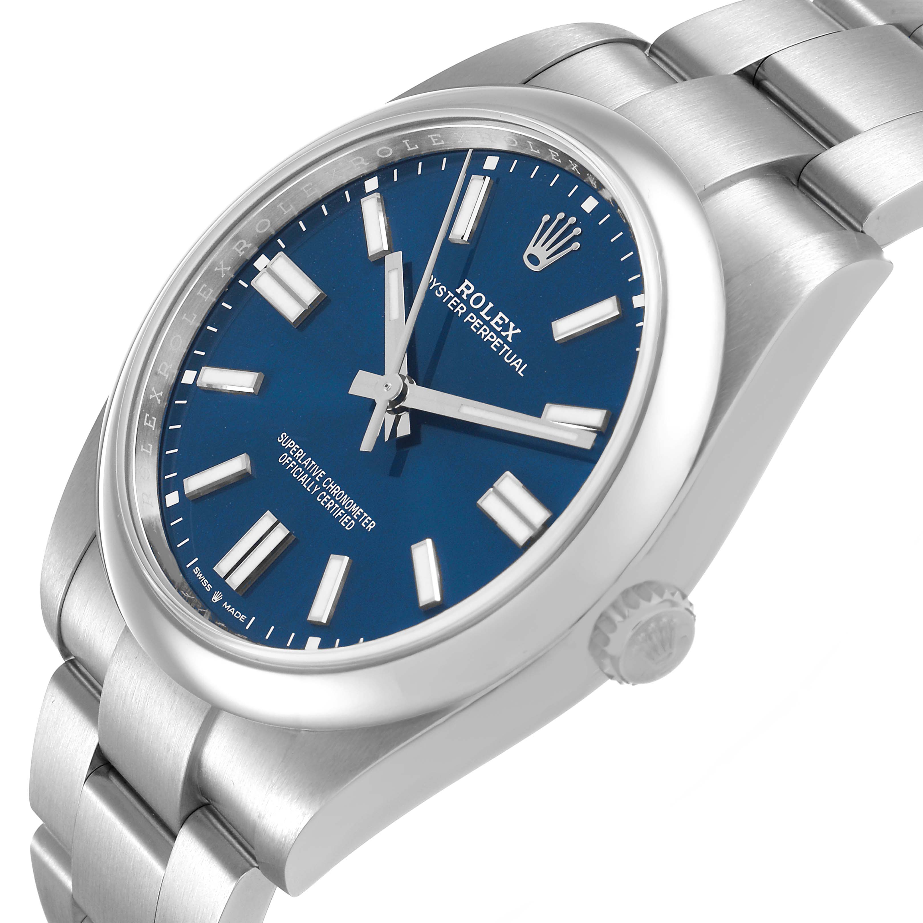 The Rolex Oyster Perpetual 124300 Men's Stainless Steel Blue Dial watch is shown from a three-quarter angle highlighting the dial, bracelet, and crown.