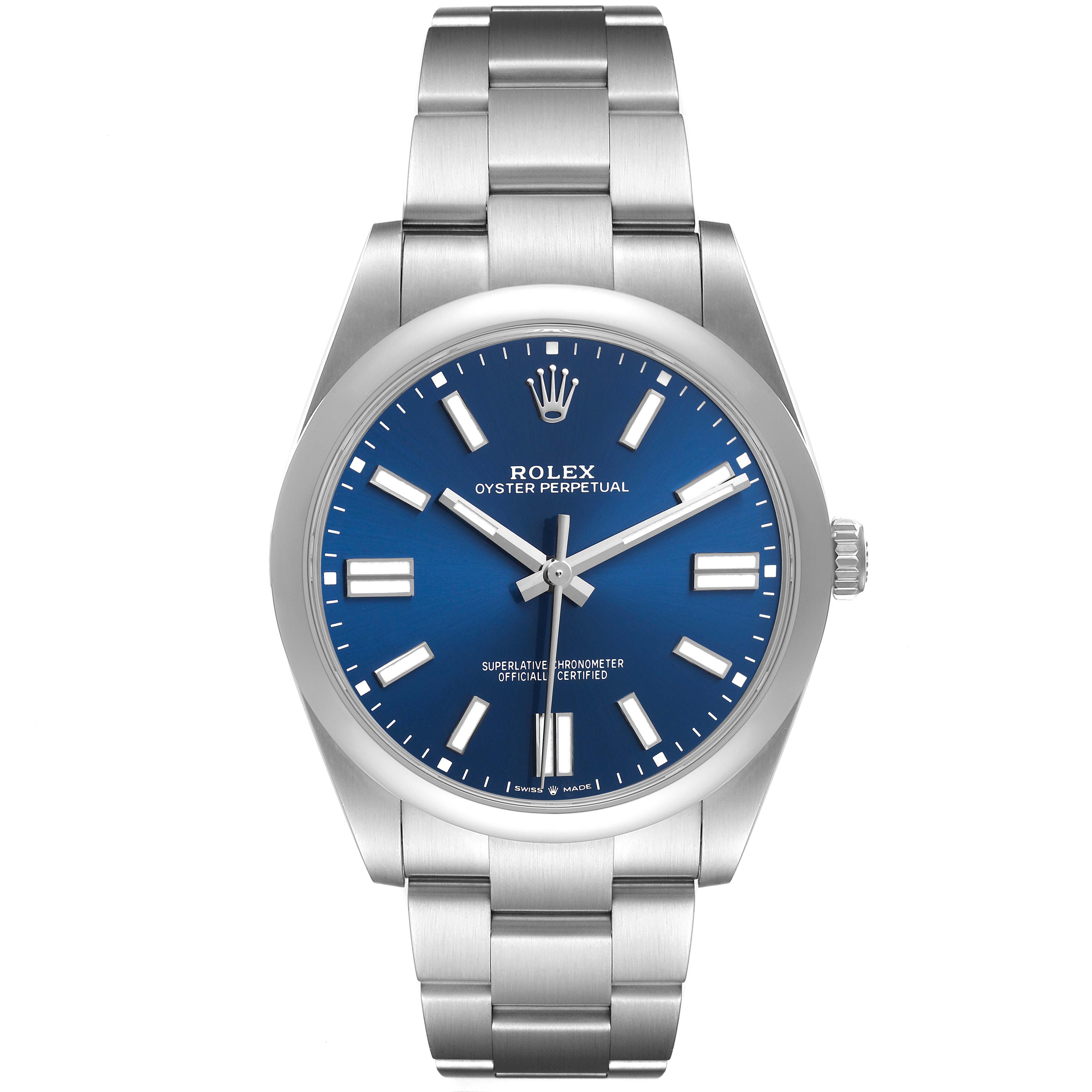 The Rolex Oyster Perpetual 124300 Men's Stainless Steel Blue Dial watch is shown from a front angle, displaying the blue dial, hands, hour markers, bezel, and bracelet.