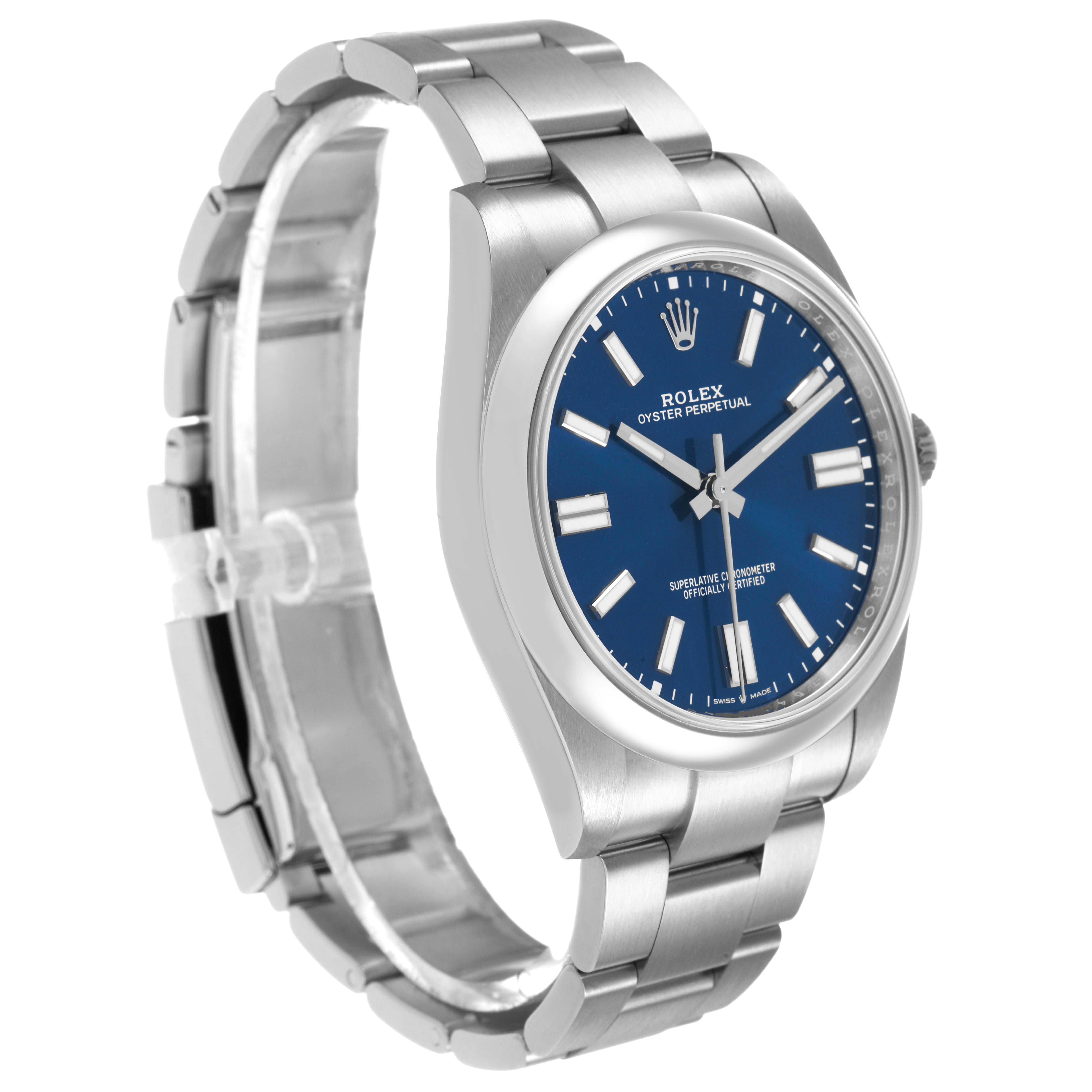 The Rolex Oyster Perpetual 124300 Men's Stainless Steel Blue Dial watch is shown at a three-quarter angle, highlighting the bracelet, case, and blue dial.