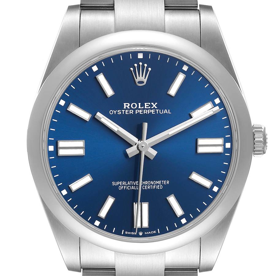 The Rolex Oyster Perpetual 124300 Men's Stainless Steel Blue Dial watch is shown from a frontal angle, displaying its blue dial, hour markers, and stainless steel bracelet.