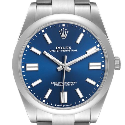 The image shows a front view of the Rolex Oyster Perpetual 124300 Men's Stainless Steel Blue Dial watch, highlighting its blue dial and stainless steel case.