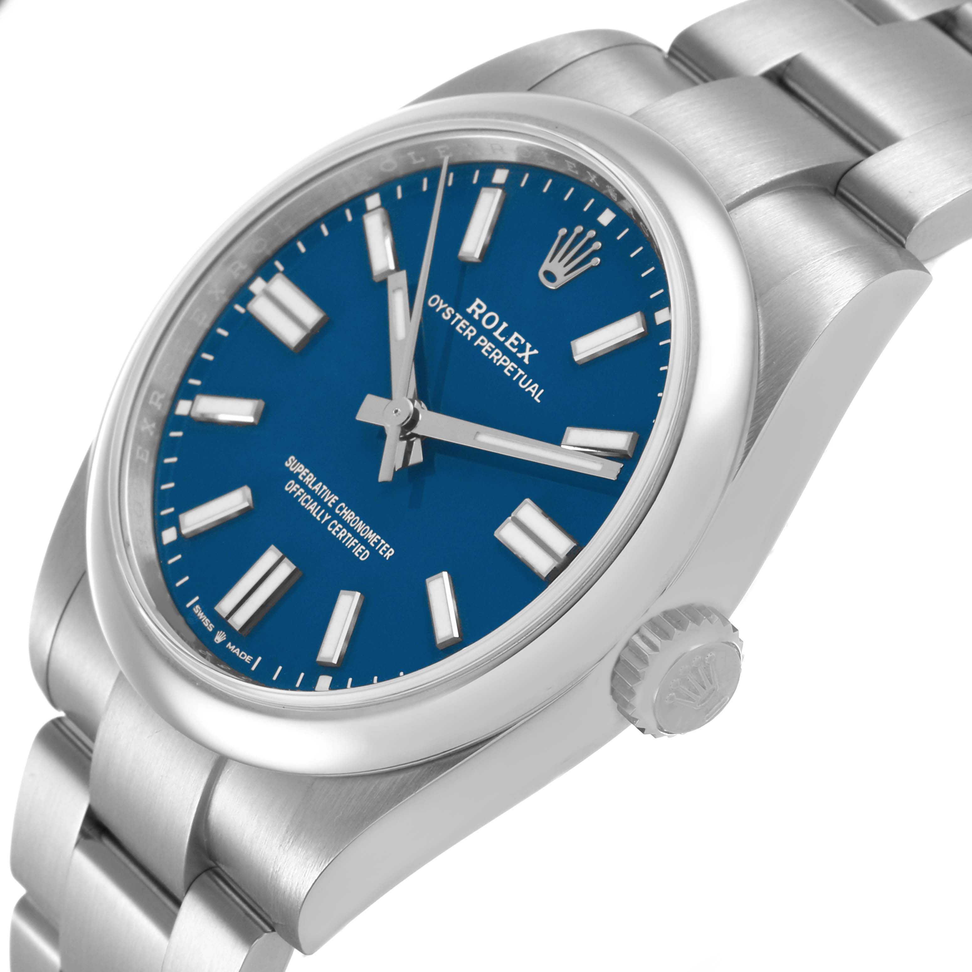 The Rolex Oyster Perpetual 134300 Men's Stainless Steel Blue Dial watch is shown at a side angle, highlighting the blue dial, crown, and part of the bracelet.