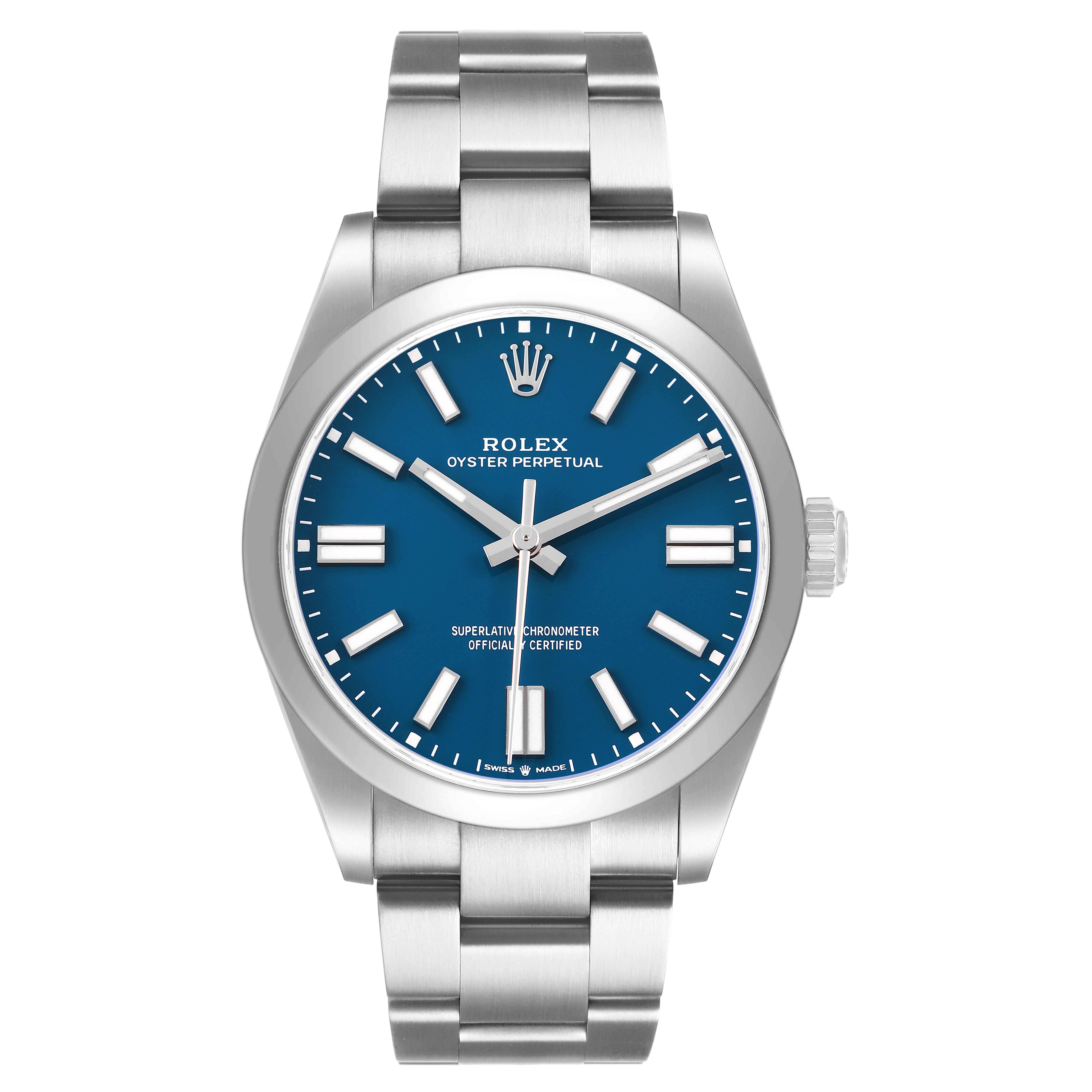 The Rolex Oyster Perpetual 134300 Men's Stainless Steel Blue Dial watch is shown from a front angle, displaying the face, dial, and full bracelet.