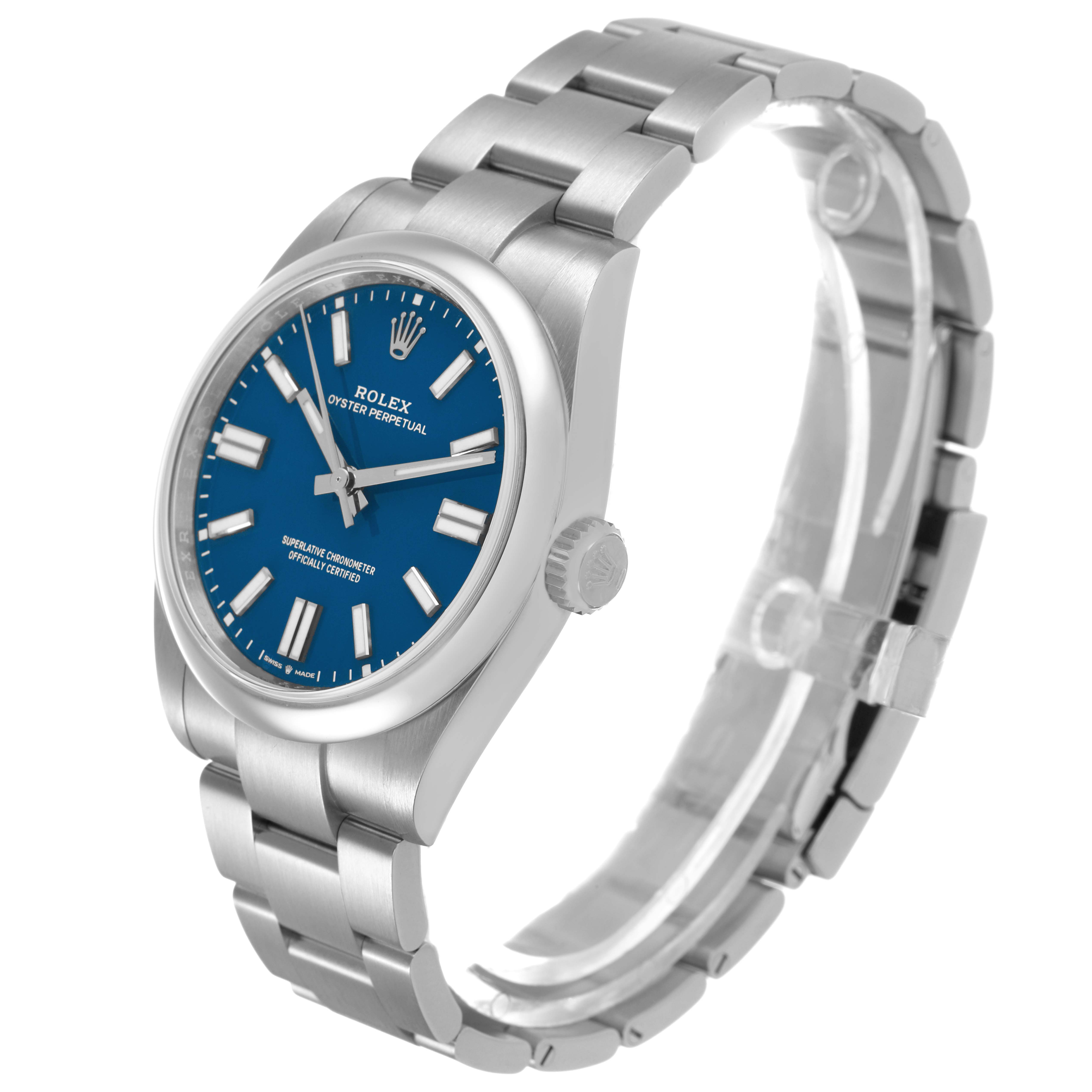 The Rolex Oyster Perpetual 134300 Men's Stainless Steel Blue Dial watch is shown from a slightly angled side view, highlighting the case, bracelet, and dial.