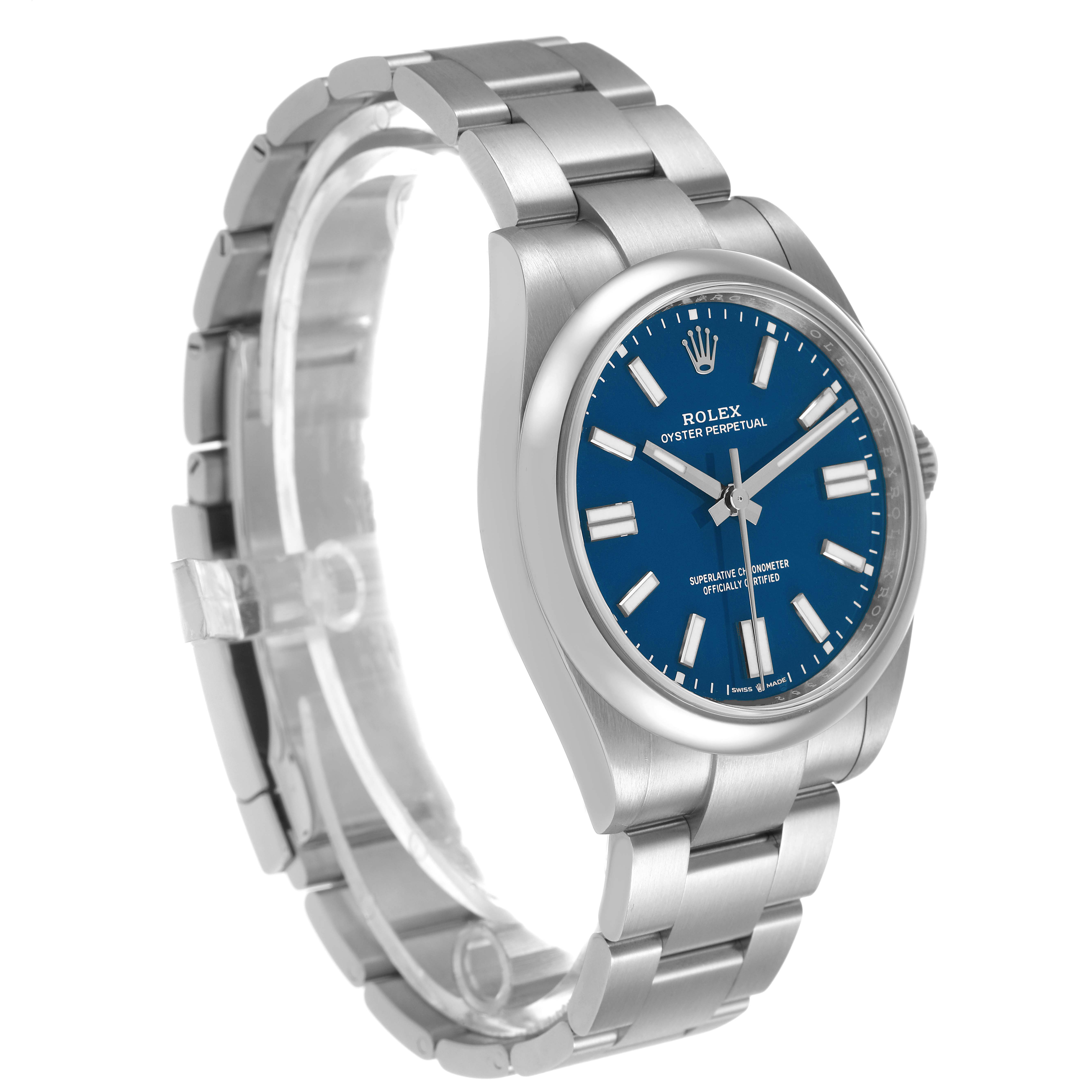 The Rolex Oyster Perpetual 134300 Men's Stainless Steel Blue Dial watch is shown at a three-quarter angle, highlighting the blue dial, bezel, and bracelet.