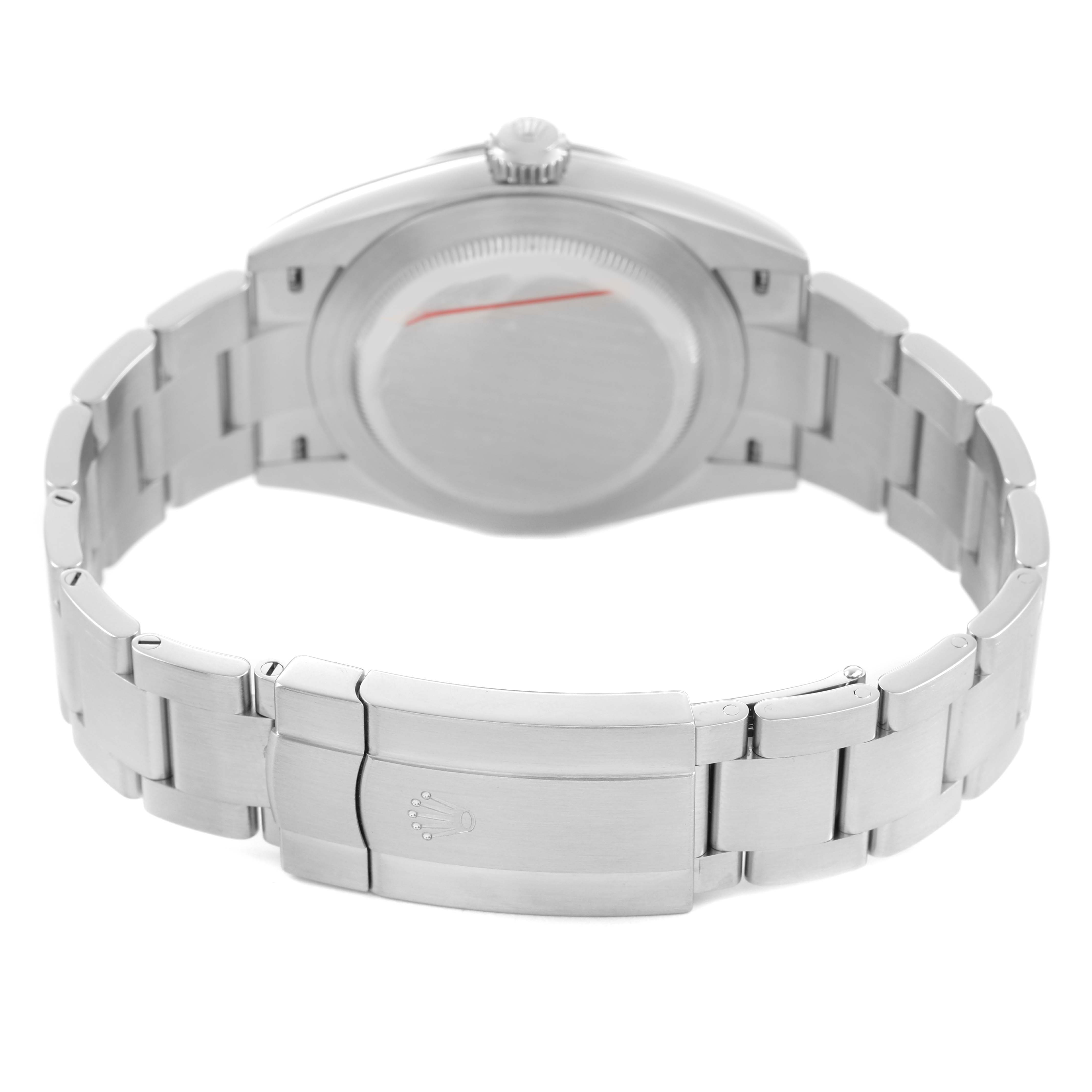 The image shows the back of a Rolex Oyster Perpetual 134300 Men's Stainless Steel Blue Dial watch, highlighting the case, bracelet, and clasp from a rear angle.