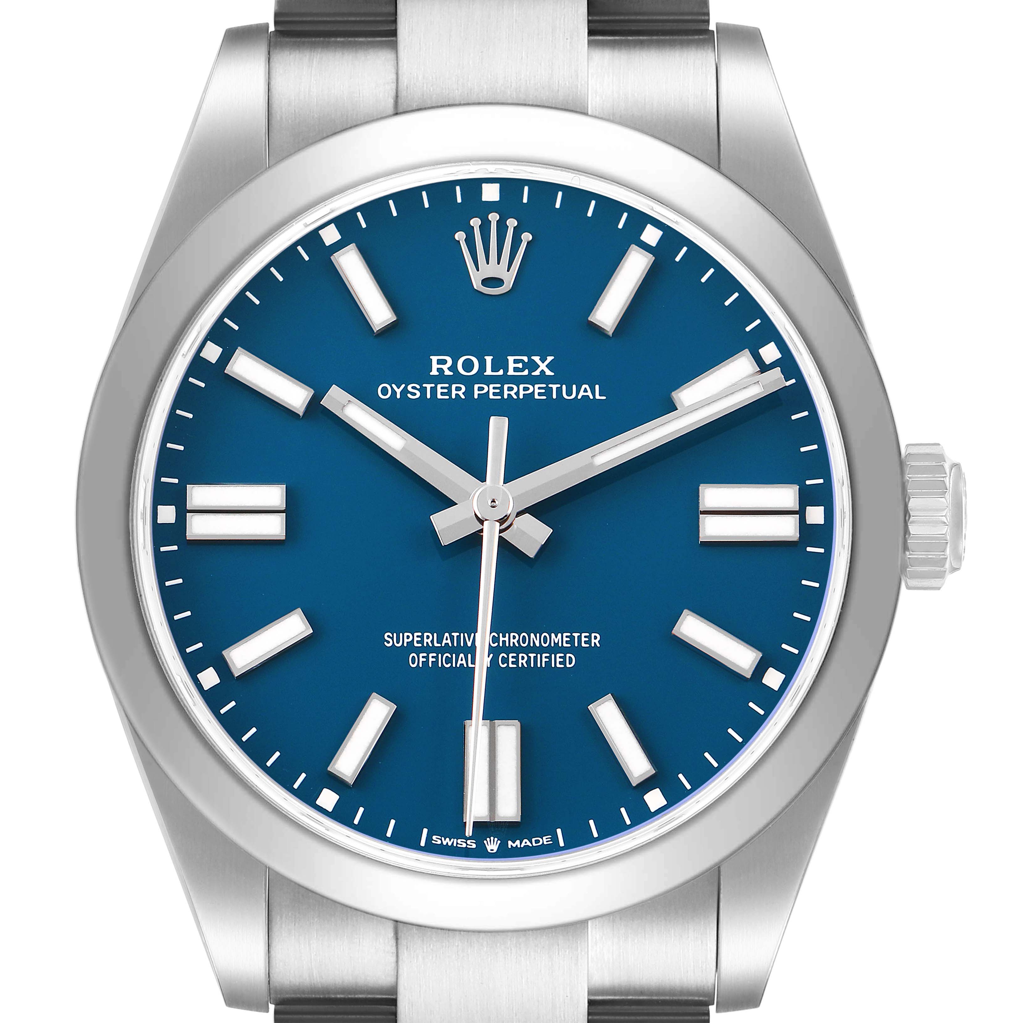 The Rolex Oyster Perpetual 134300 Men's Stainless Steel Blue Dial watch is shown from the front, highlighting its blue dial, hour markers, crown, and bezel.