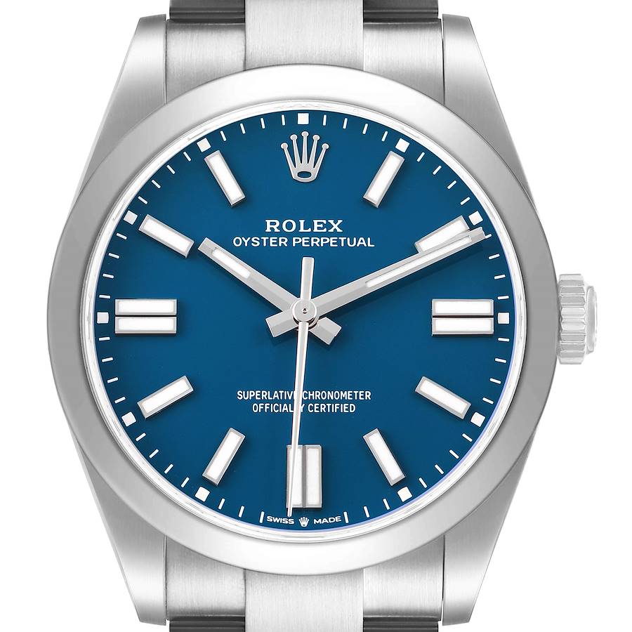 The Rolex Oyster Perpetual 134300 Men's Stainless Steel Blue Dial watch is shown from the front, highlighting its blue dial, hour markers, crown, and bezel.