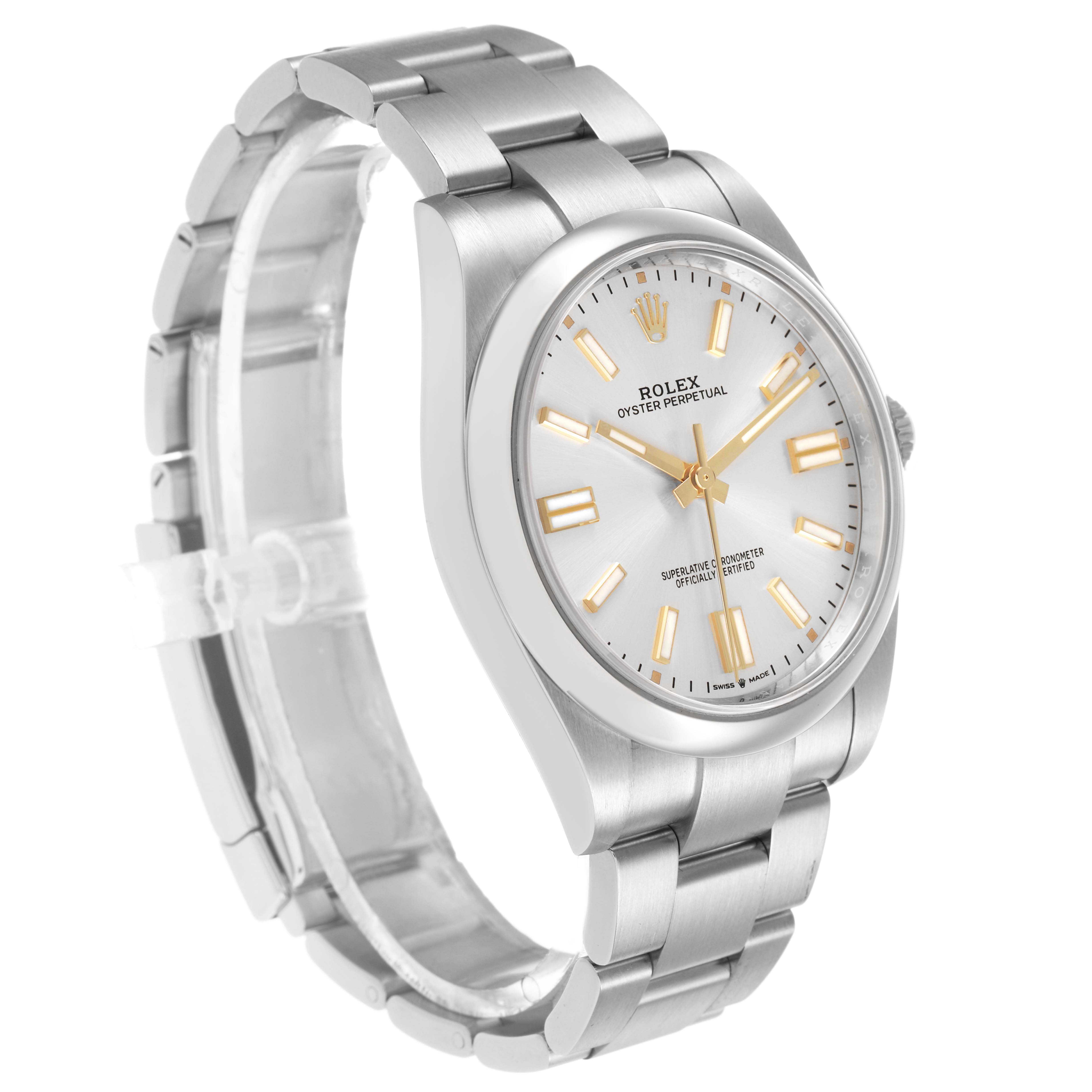 The Rolex Oyster Perpetual 124300 Men's Stainless Steel Silver Dial watch is shown at a side angle, highlighting the face, bracelet, and case.