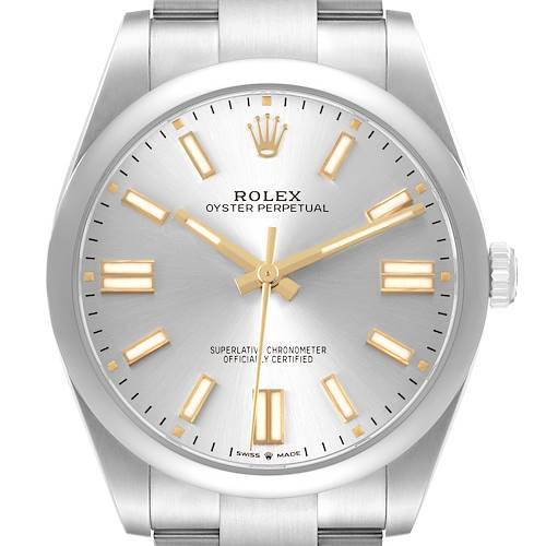 The Rolex Oyster Perpetual 124300 Men's Stainless Steel Silver Dial watch is shown from the front, highlighting the dial, crown, and a part of the bracelet.