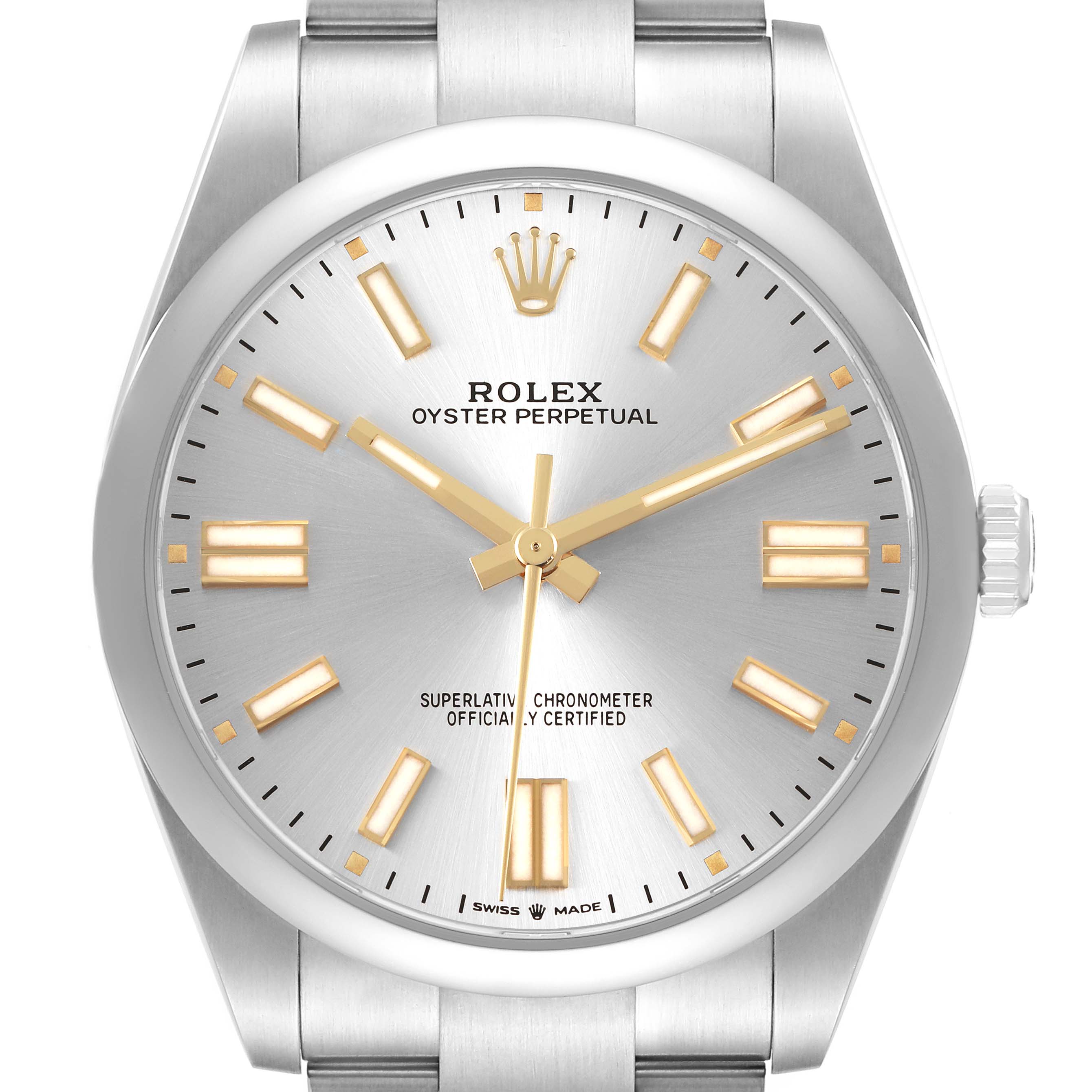 The Rolex Oyster Perpetual 124300 Men's Stainless Steel Silver Dial is shown from a front angle, highlighting the face, dial, and metal bracelet.