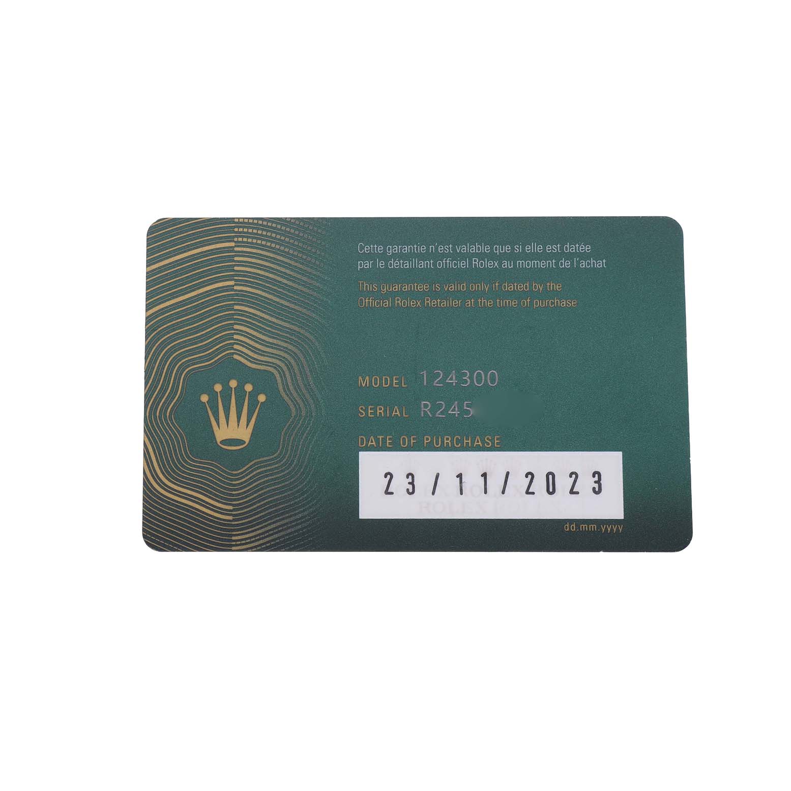 The image shows a warranty card for the Rolex Oyster Perpetual 124300 Men's Stainless Steel Silver Dial model 124300, displaying model, serial number, and purchase date.