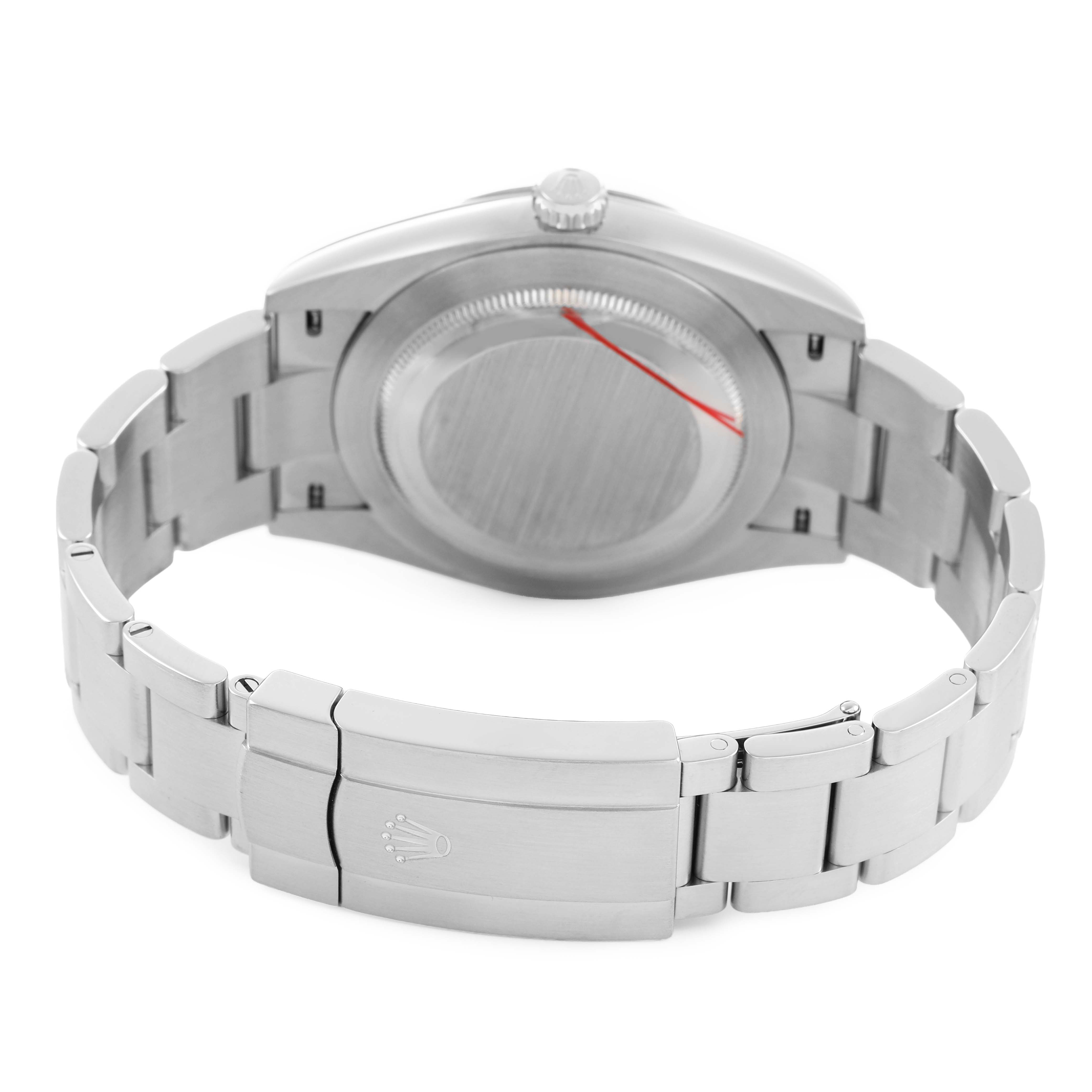 The image shows the back view of a Rolex Oyster Perpetual 124300 Men's Stainless Steel Silver Dial, highlighting the case back and bracelet with the clasp open.