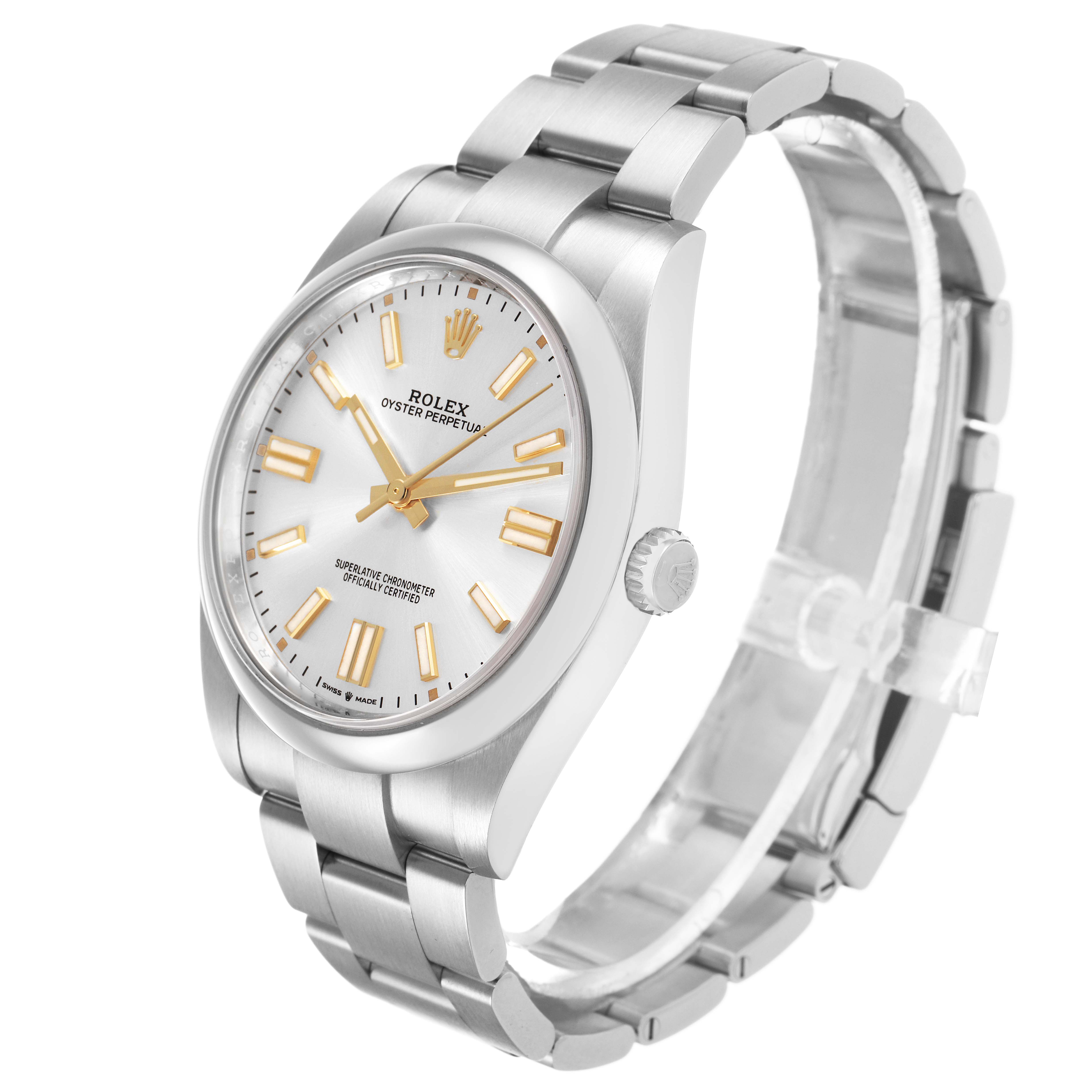 The Rolex Oyster Perpetual 124300 Men's Stainless Steel Silver Dial watch is shown at a three-quarter angle, highlighting the face, crown, and bracelet.
