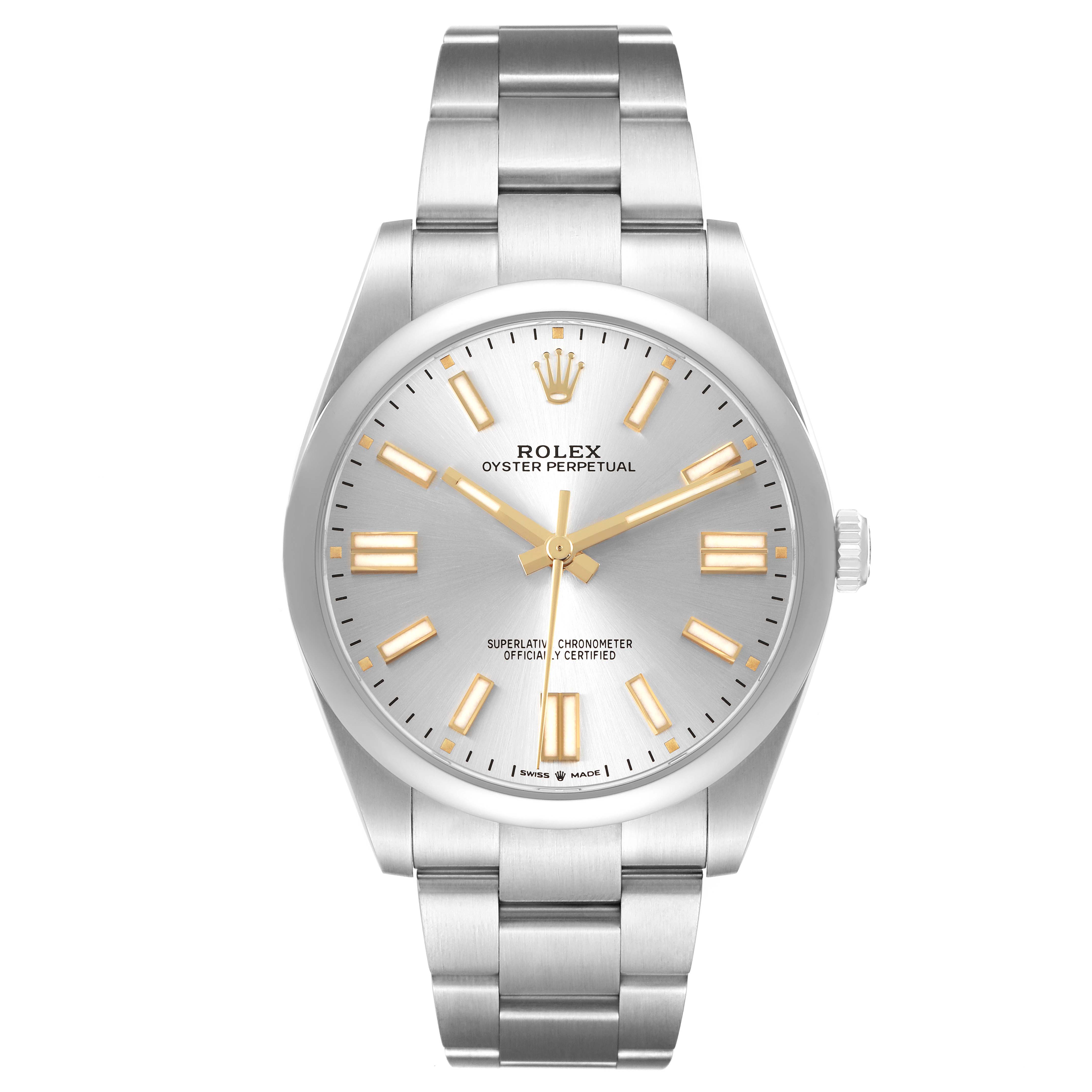 The Rolex Oyster Perpetual 124300 Men's Stainless Steel Silver Dial watch is shown from the front, displaying its face, bezel, and bracelet.