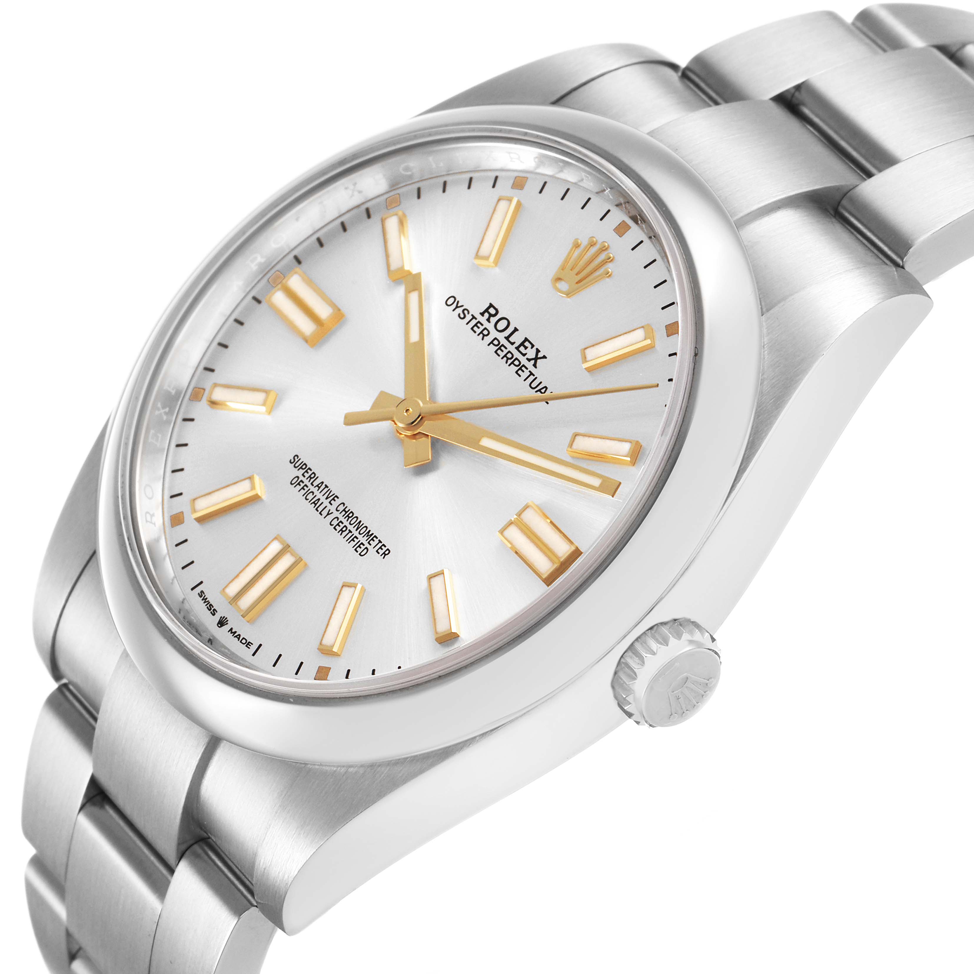 The Rolex Oyster Perpetual 124300 Men's Stainless Steel Silver Dial watch is shown at a slight angle, highlighting the dial, crown, and part of the bracelet.