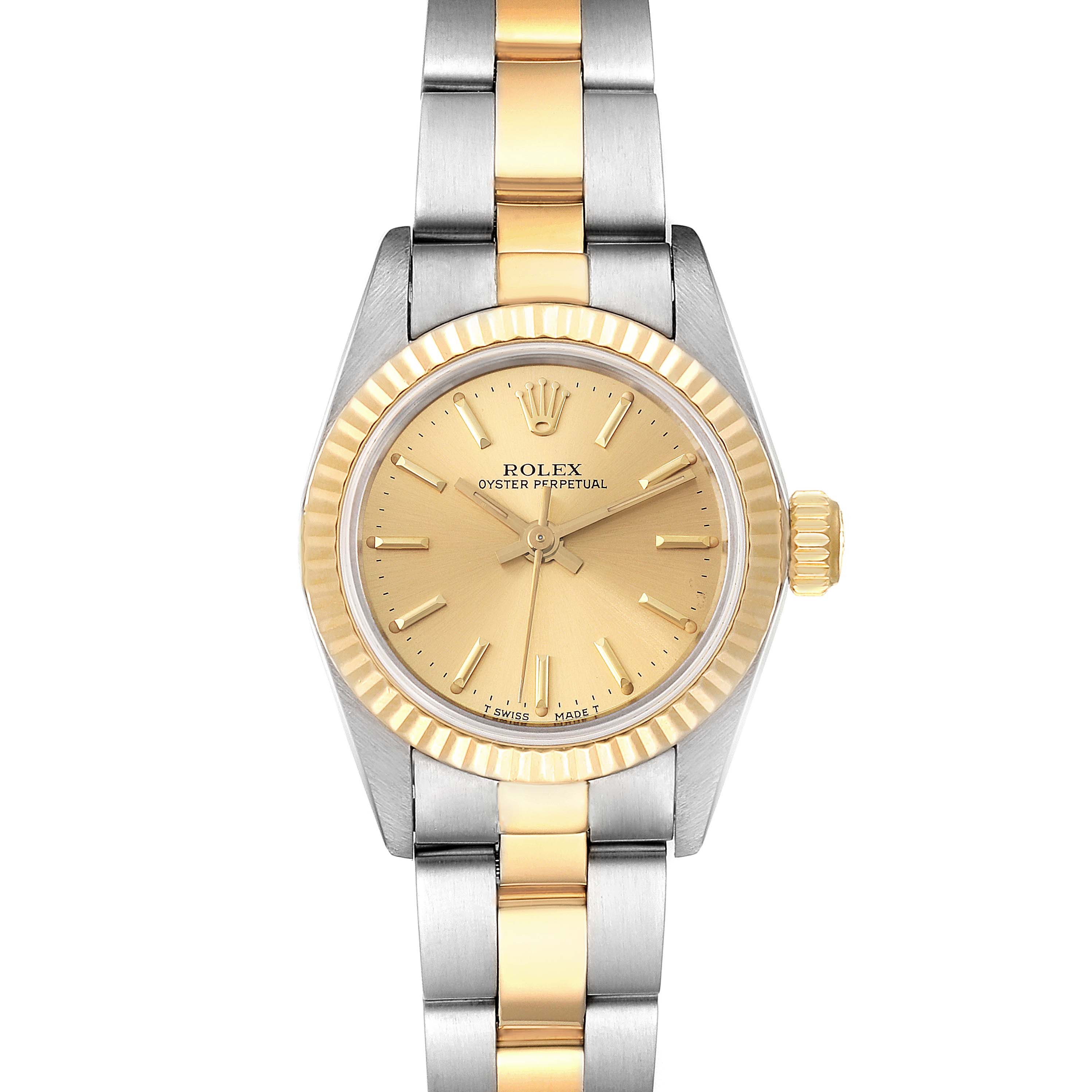 This image shows a front view of a Rolex Oyster Perpetual 67193 Women
s Steel and Gold (two tone) Champagne Dial 67193 Women
s Steel and Gold (two tone) Champagne Dial watch, highlighting its two-tone bracelet, gold dial, and fluted bezel.