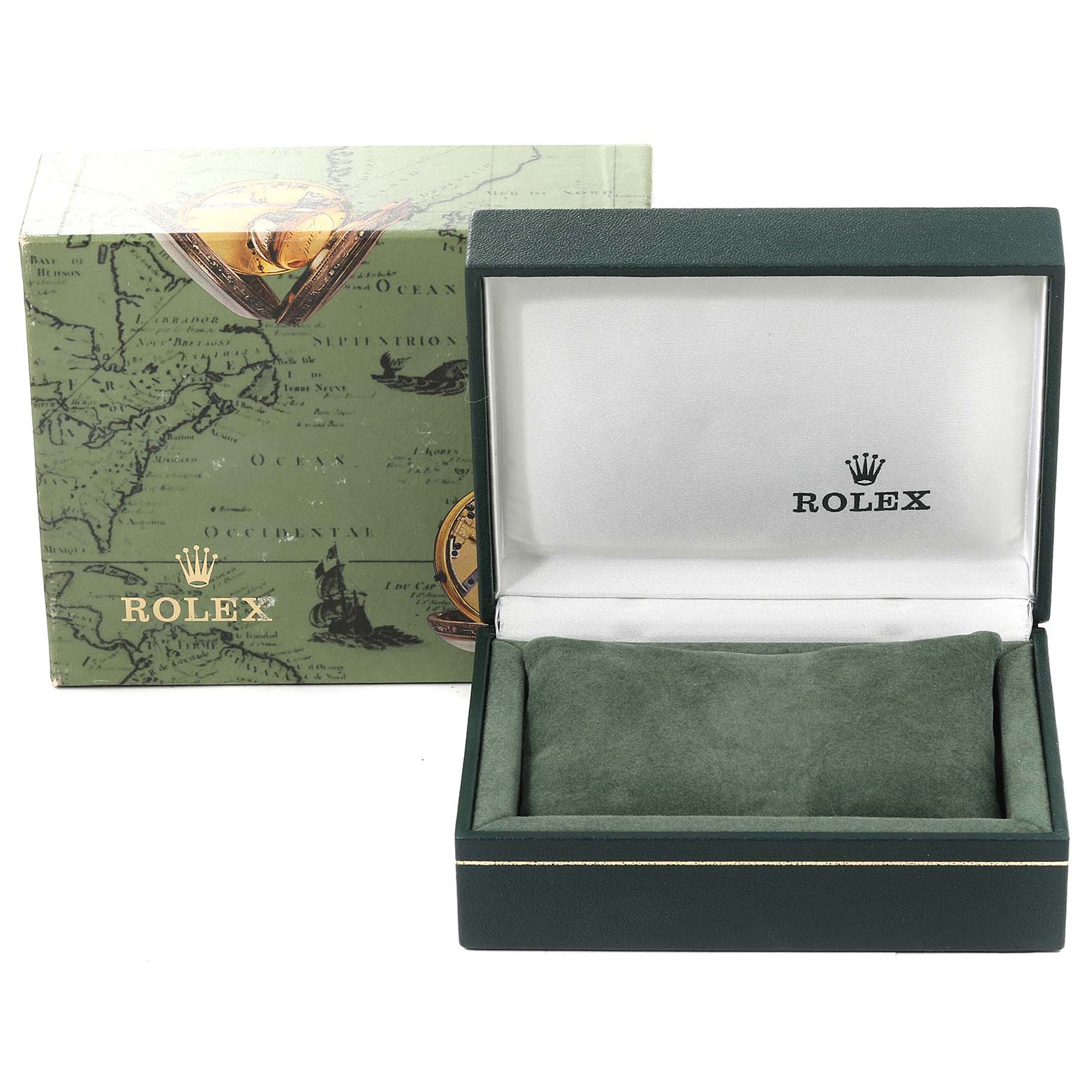 The image shows an open Rolex Oyster Perpetual 67193 Women
s Steel and Gold (two tone) Champagne Dial 67193 Women
s Steel and Gold (two tone) Champagne Dial watch box and its exterior box with the Rolex logo.