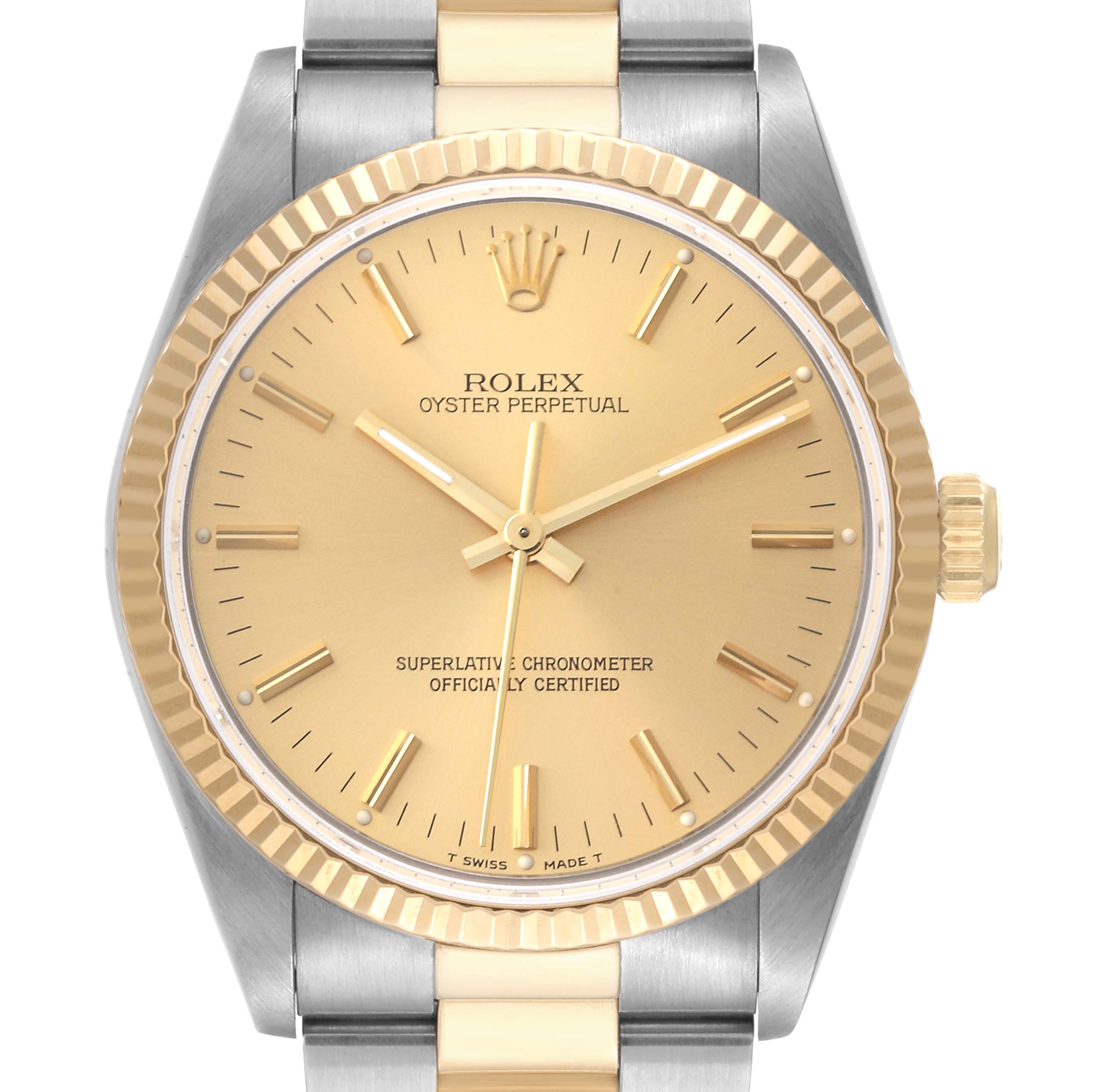This image shows a front view of the Rolex Oyster Perpetual 14233 Men's Steel and Gold (two tone) Champagne Dial 14233 Men's Steel and Gold (two tone) Champagne Dial watch, highlighting its gold dial, fluted bezel, and two-tone bracelet.