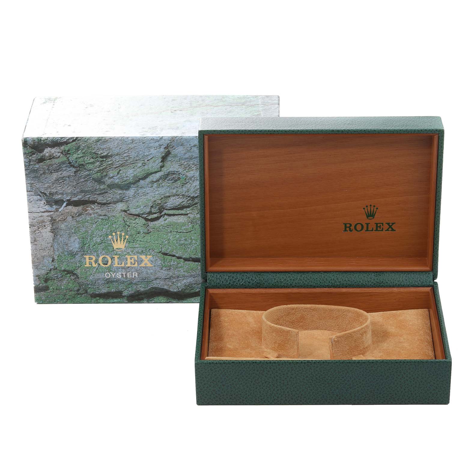 The image shows an opened Rolex Oyster Perpetual 14233 Men's Steel and Gold (two tone) Champagne Dial 14233 Men's Steel and Gold (two tone) Champagne Dial watch box with its exterior box beside it.