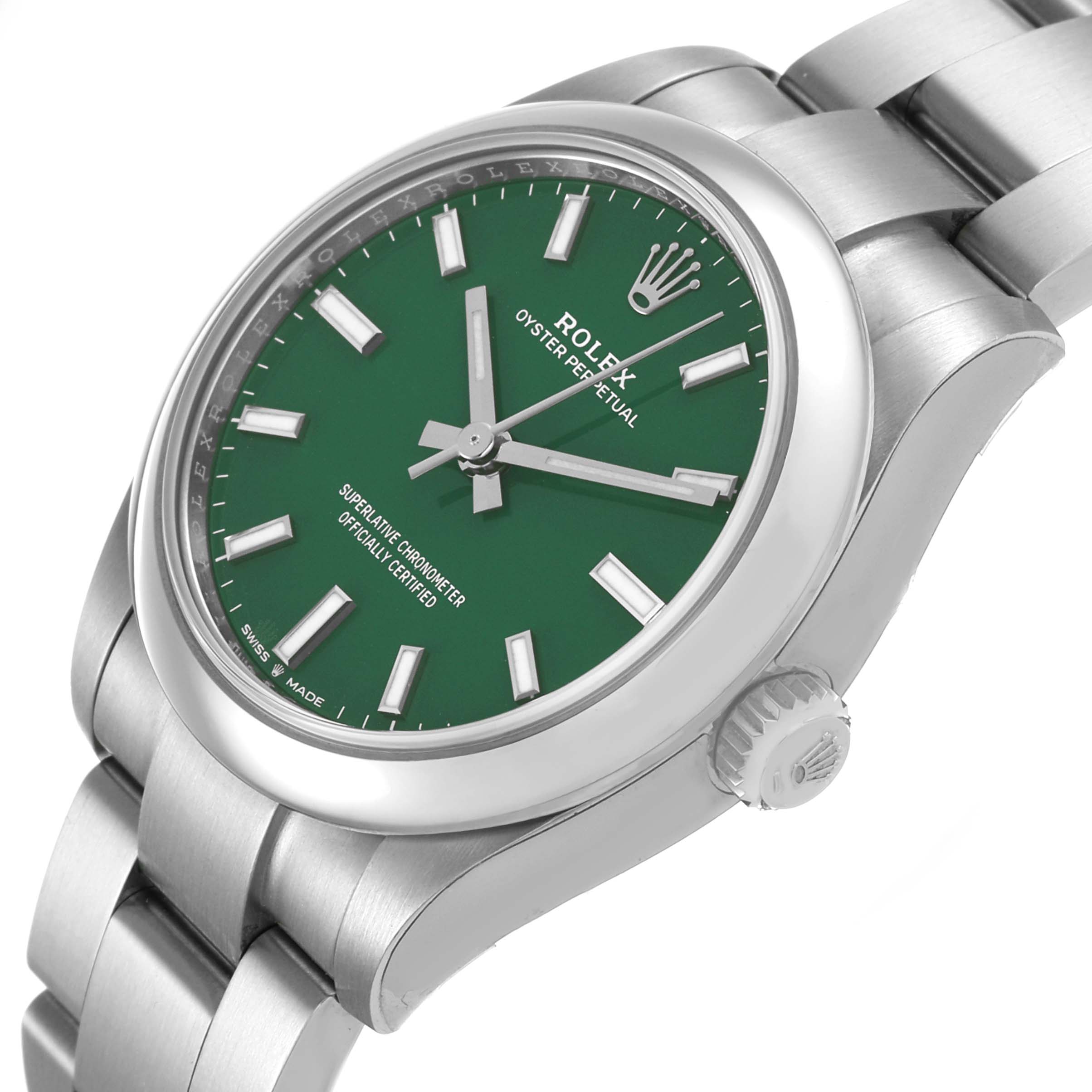 The Rolex Oyster Perpetual 277200 Women's Stainless Steel Green Dial watch is shown at a three-quarter angle, highlighting the green dial, crown, and part of the bracelet.