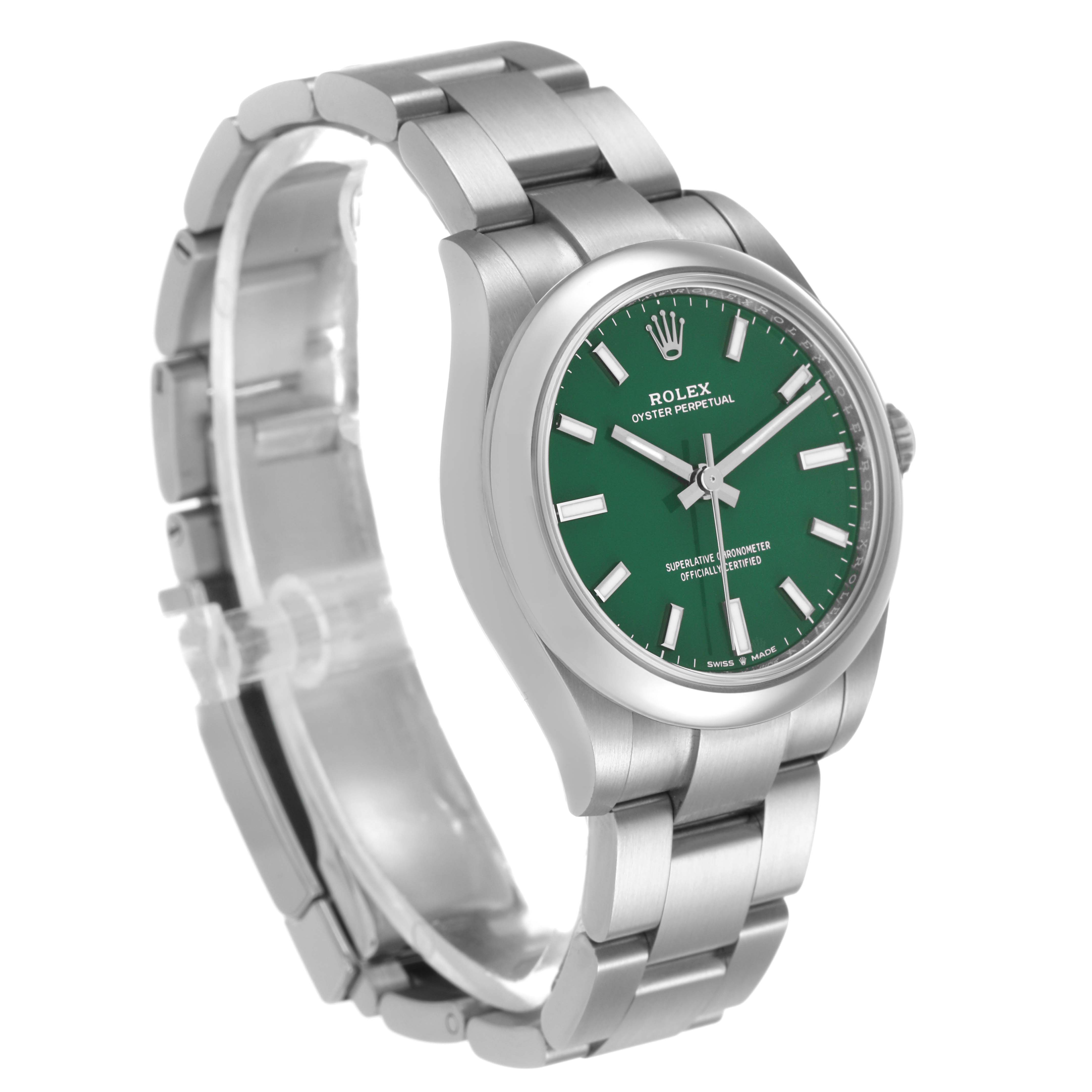 The Rolex Oyster Perpetual 277200 Women's Stainless Steel Green Dial watch is shown at a three-quarter angle, displaying the green dial, indices, bracelet, and bezel.