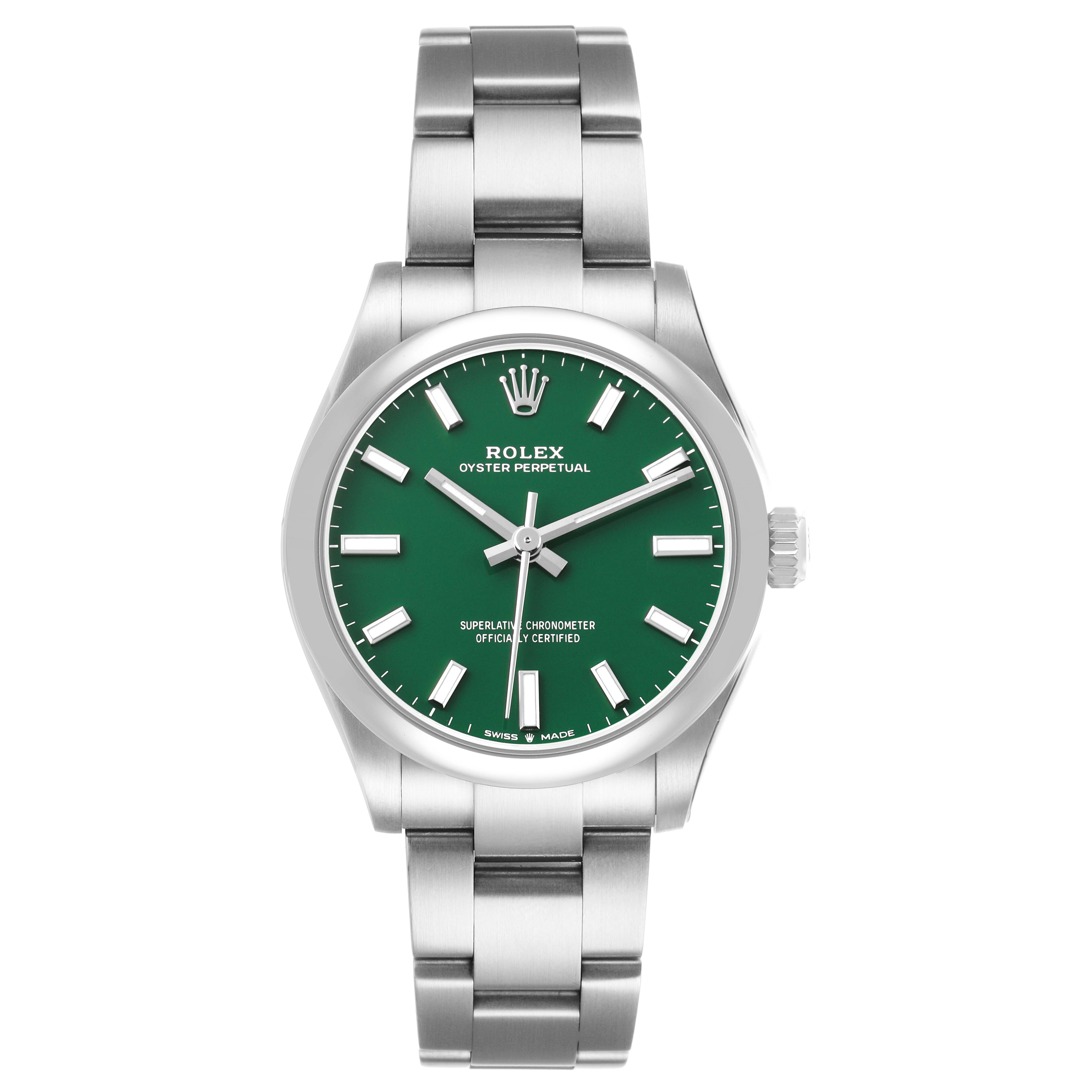 The Rolex Oyster Perpetual 277200 Women's Stainless Steel Green Dial watch is shown from the front, displaying its green dial and stainless steel bracelet.