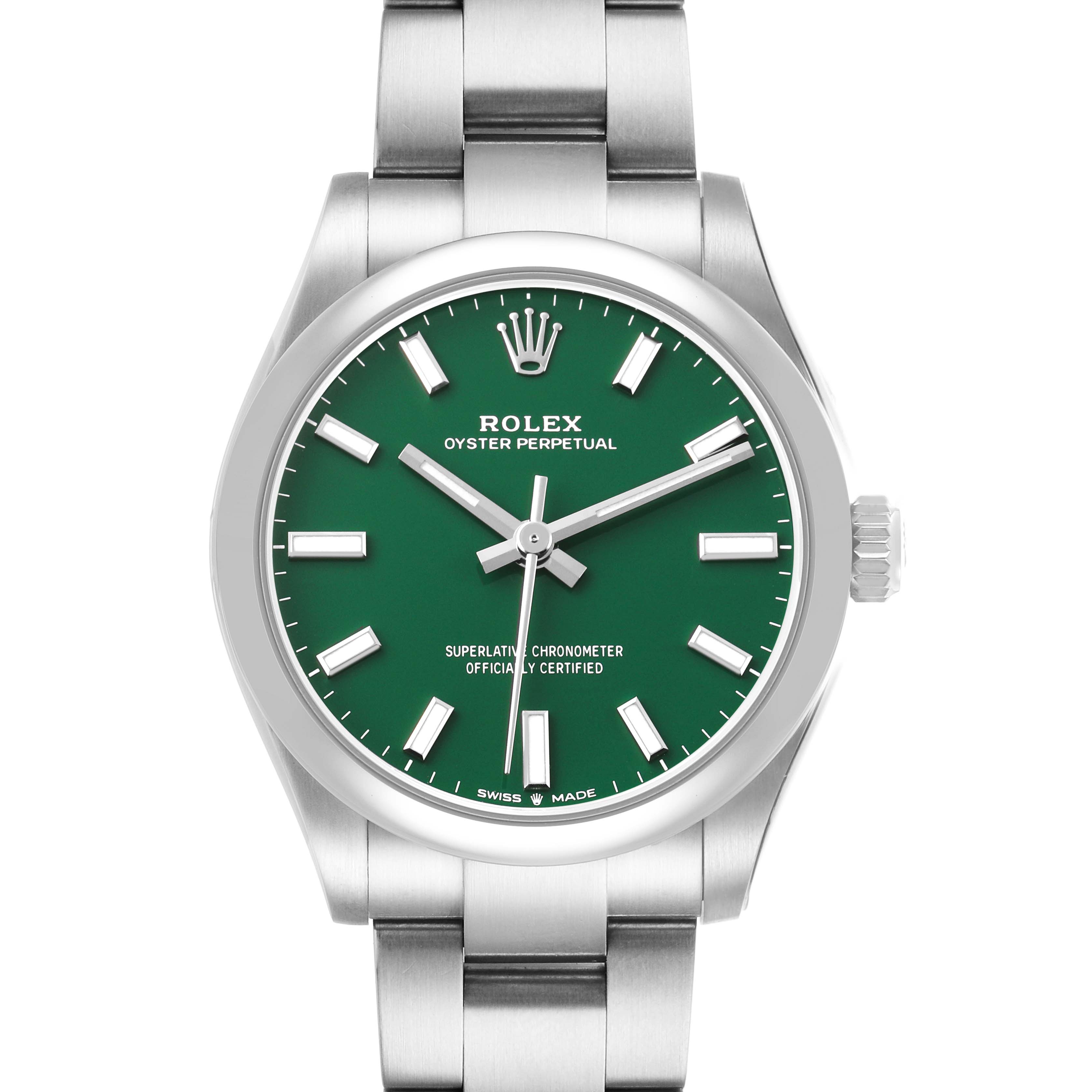 The Rolex Oyster Perpetual 277200 Women's Stainless Steel Green Dial watch is shown from the front, highlighting its green dial, silver markers, and stainless steel bracelet.