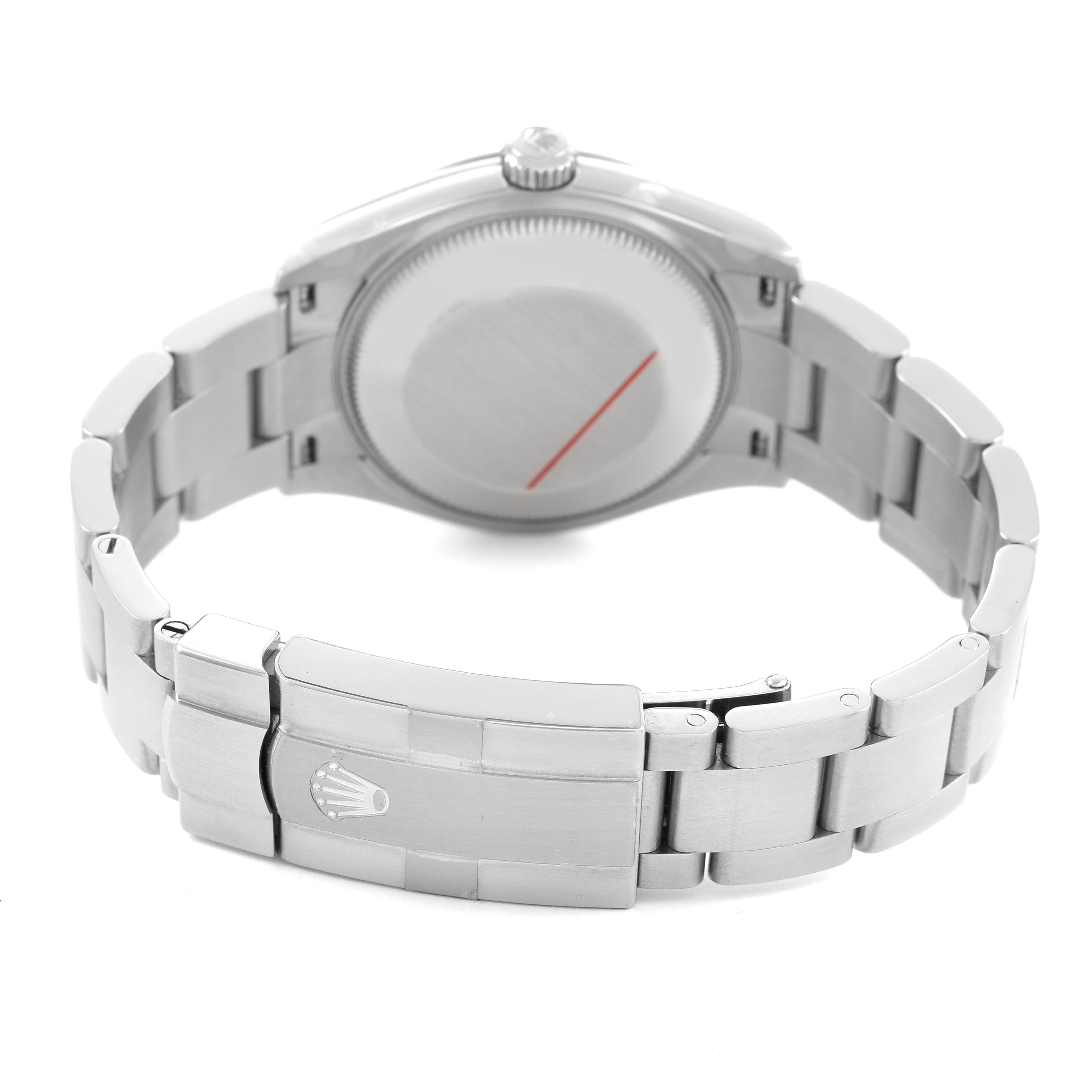 The image shows the back view of a Rolex Oyster Perpetual 277200 Women's Stainless Steel Green Dial watch, highlighting the bracelet and clasp.