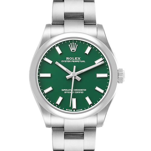The Rolex Oyster Perpetual 277200 Women's Stainless Steel Green Dial watch is shown from the front, displaying its green dial and stainless steel bracelet.