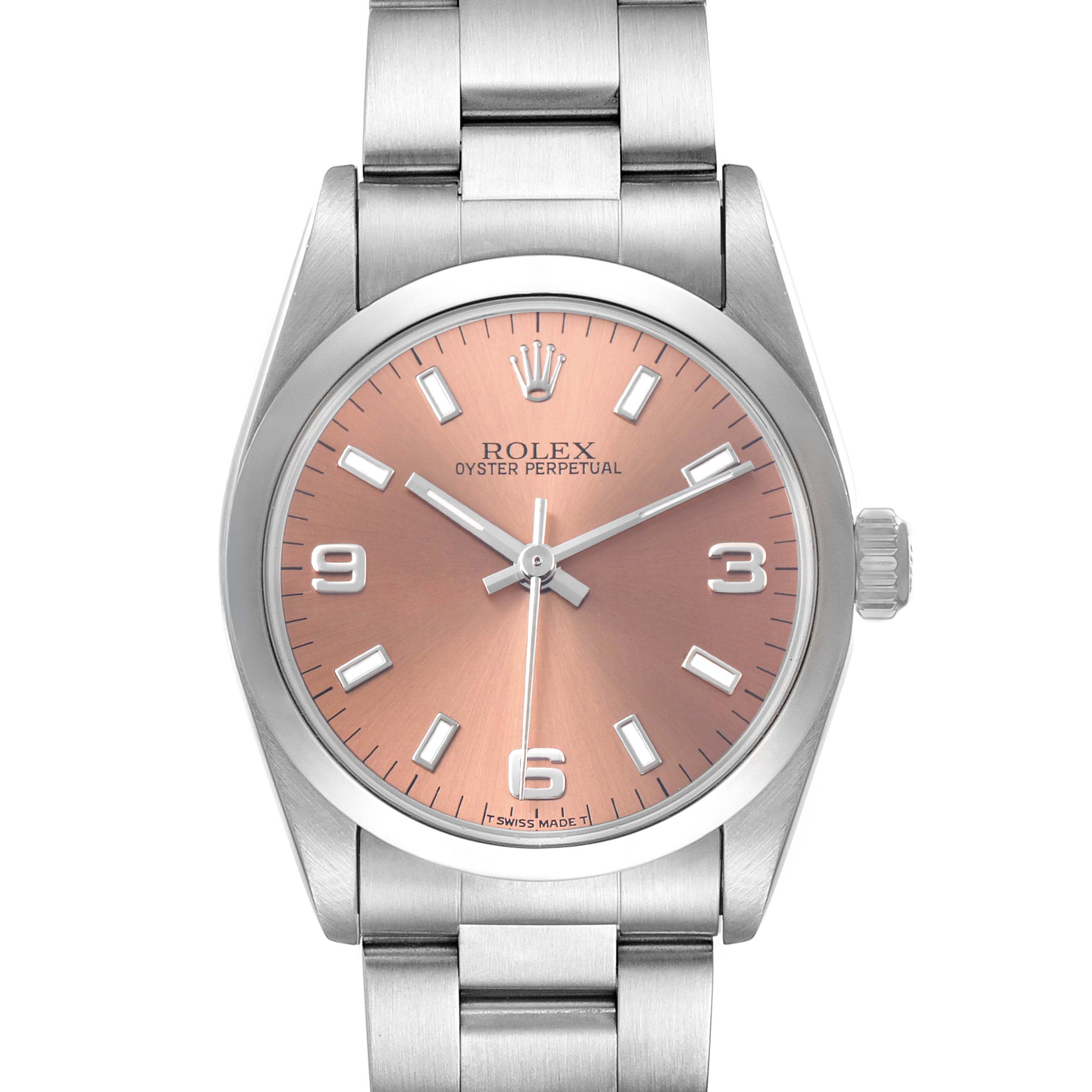 The Rolex Mid-Size 67480 Women's Stainless Steel Pink Dial model watch is shown from the front, highlighting the dial, crown, bezel, and bracelet.