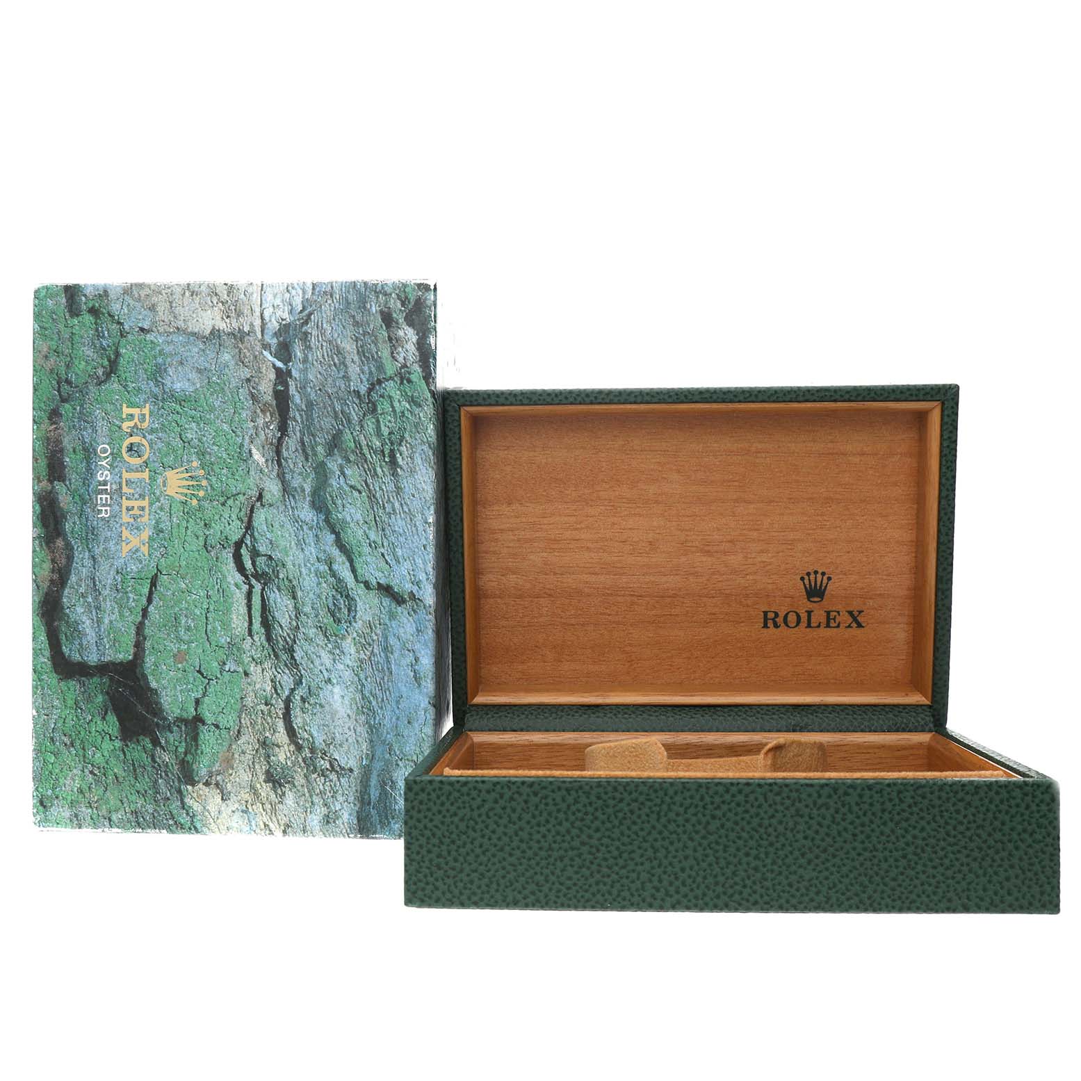 The image shows a Rolex Oyster box for a Mid-Size model, with the lid open and outer packaging visible.