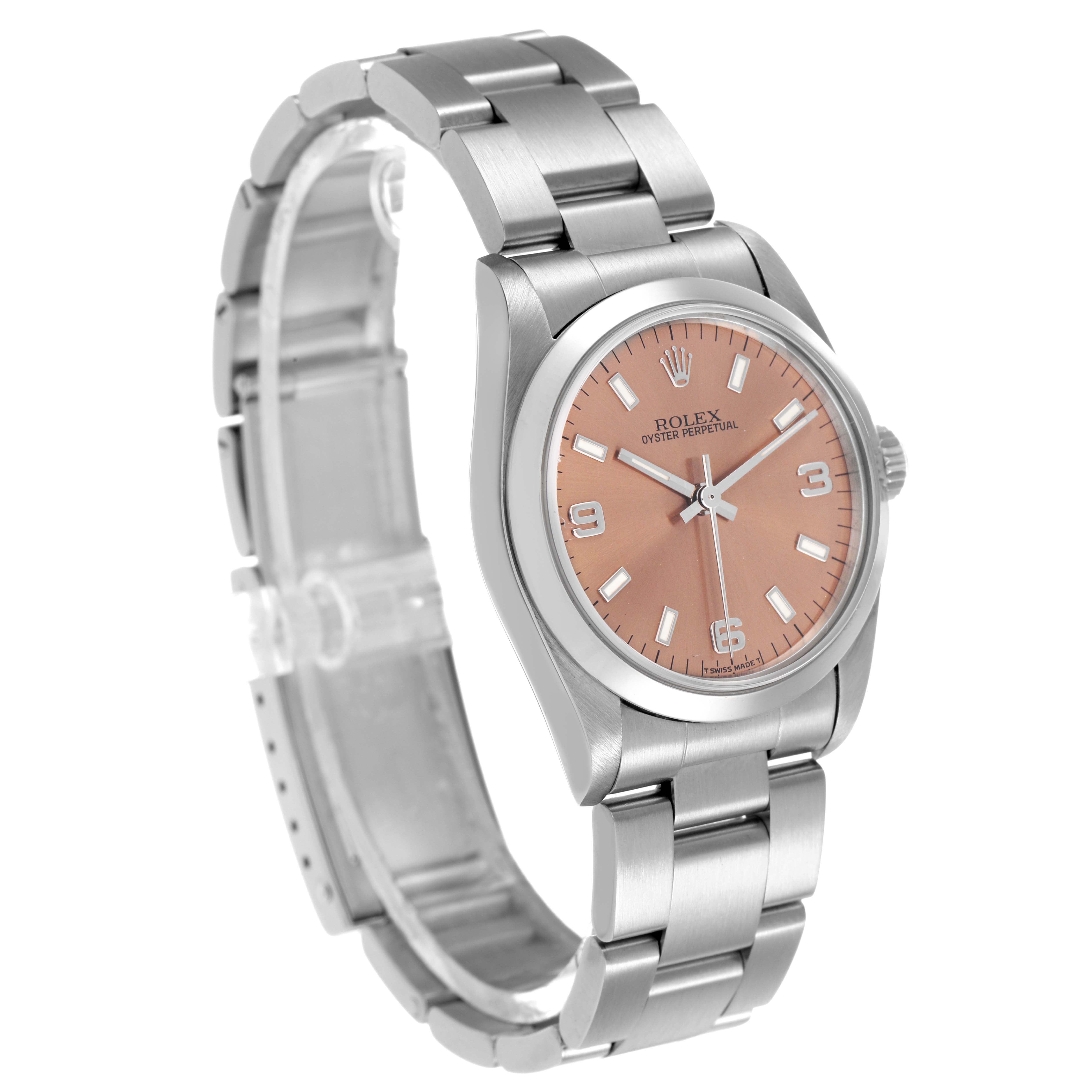 The Rolex Mid-Size 67480 Women's Stainless Steel Pink Dial watch is shown at a three-quarter angle, highlighting the dial, case, and bracelet.
